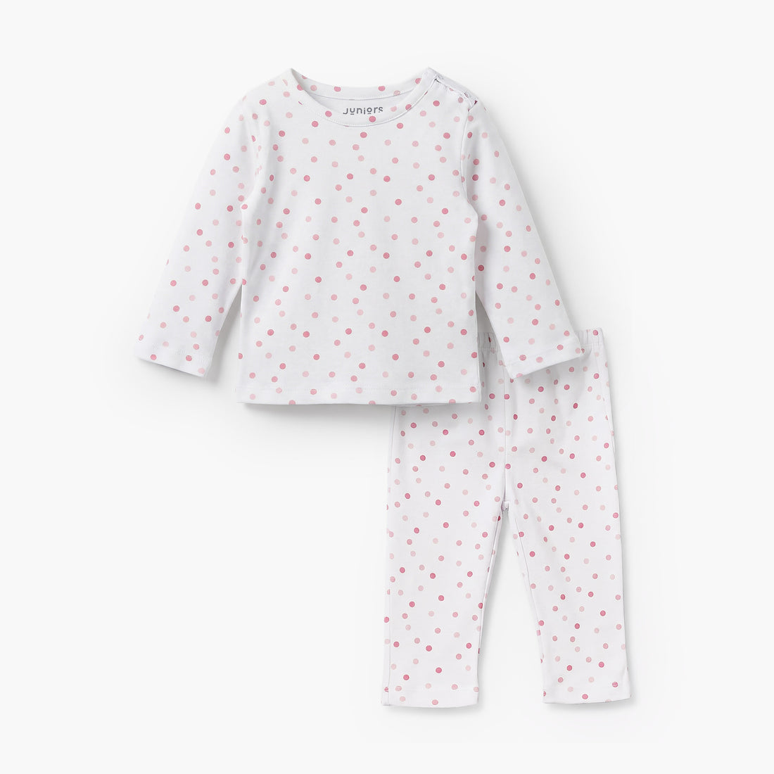 Juniors Cotton Round Neck Long Sleeves Pyjama Set with Polka Dot Print - White / 12-18 mths