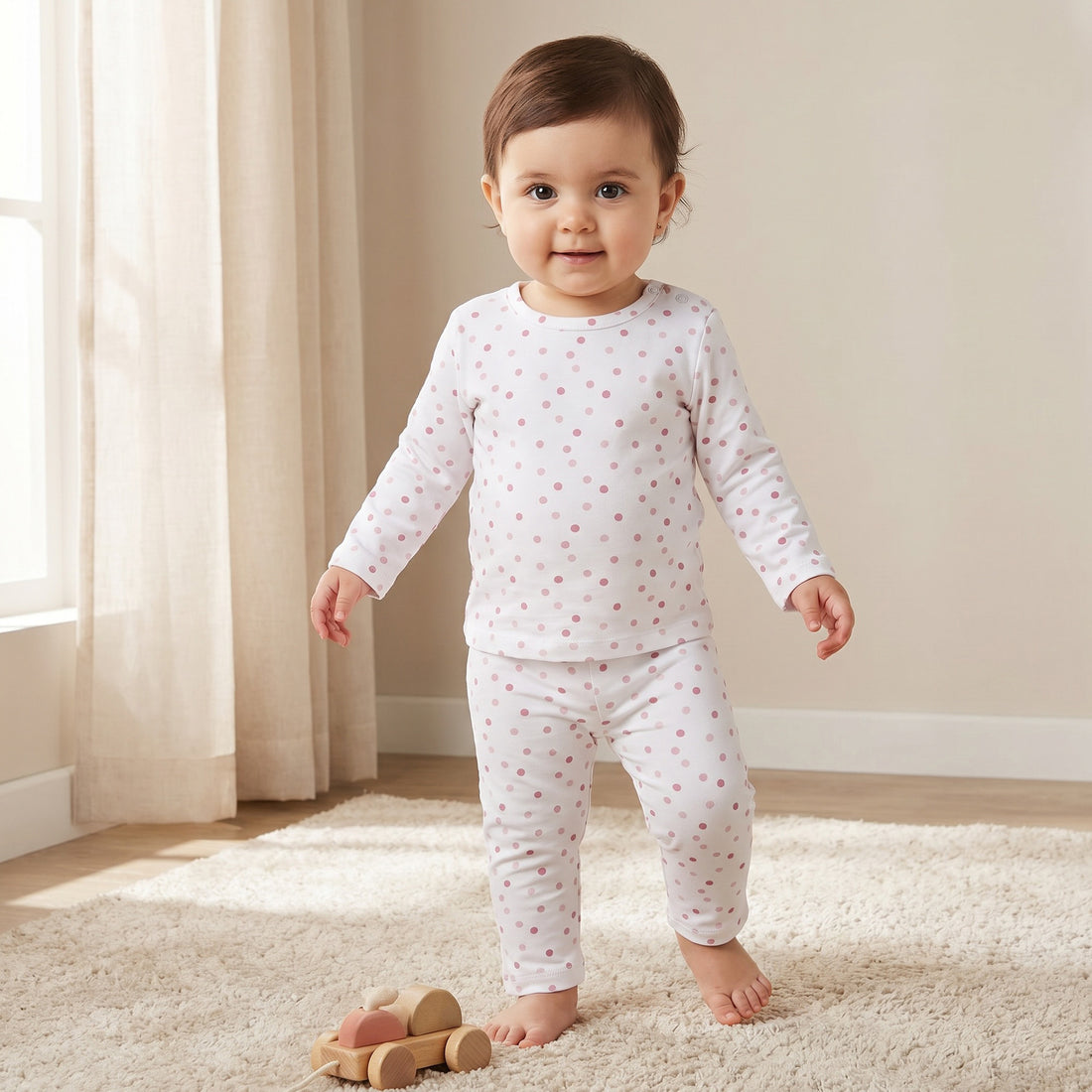 Juniors Cotton Round Neck Long Sleeves Pyjama Set with Polka Dot Print - White / 12-18 mths