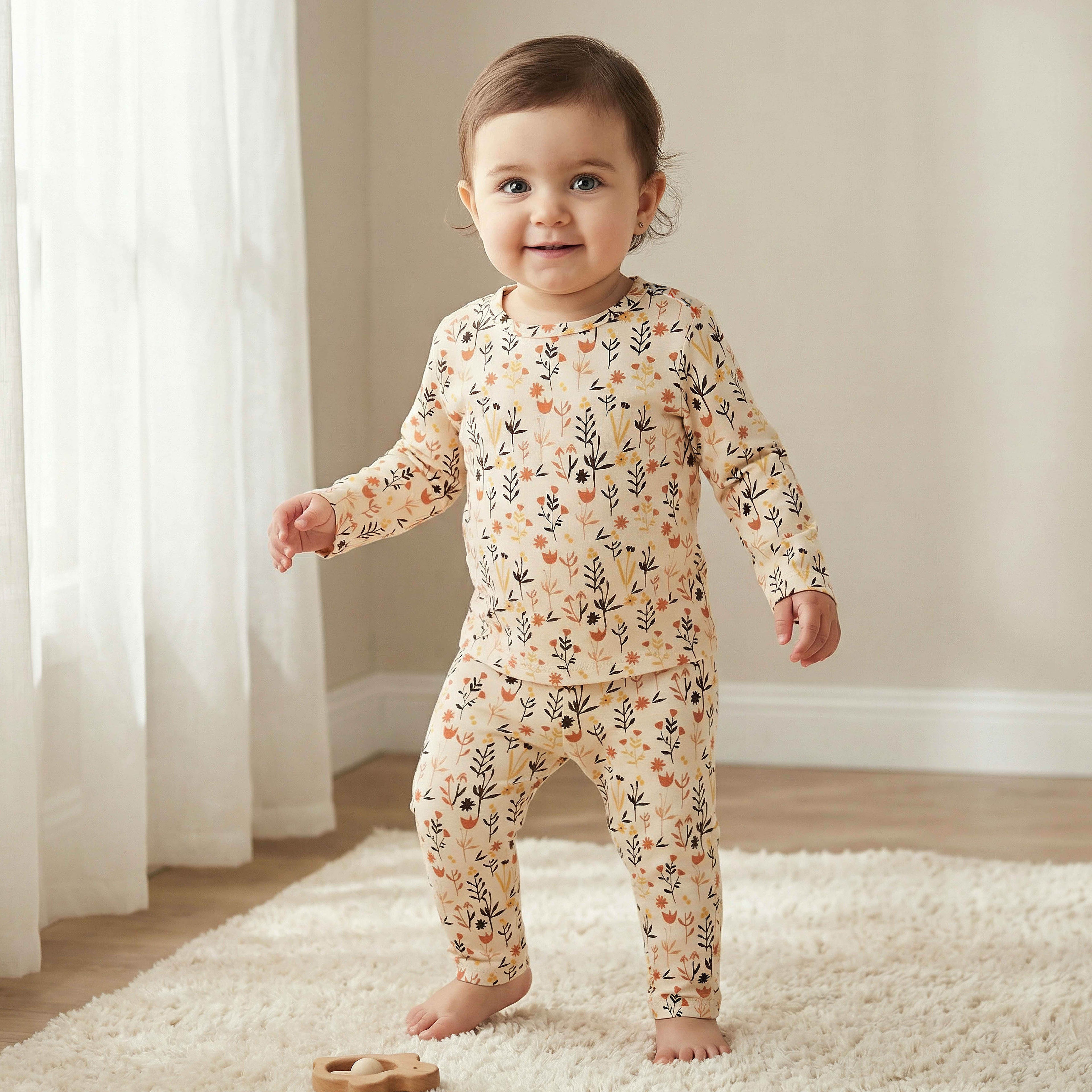 Juniors Cotton Round Neck Long Sleeves Pyjama Set with Floral Print - Beige / 18-24 mths