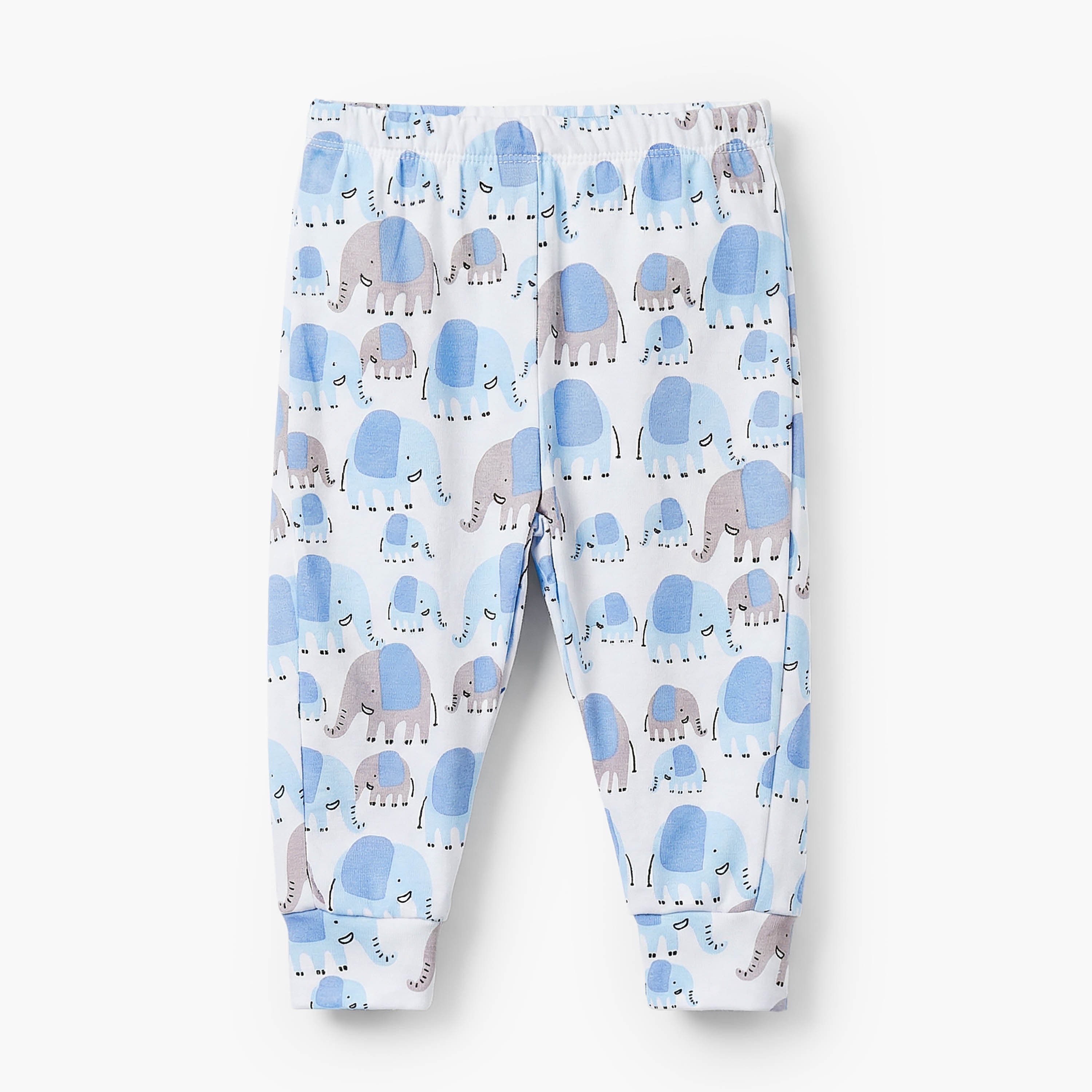 Juniors Cotton Crew Neck Long Sleeves Pyjama Set with Elephant Print