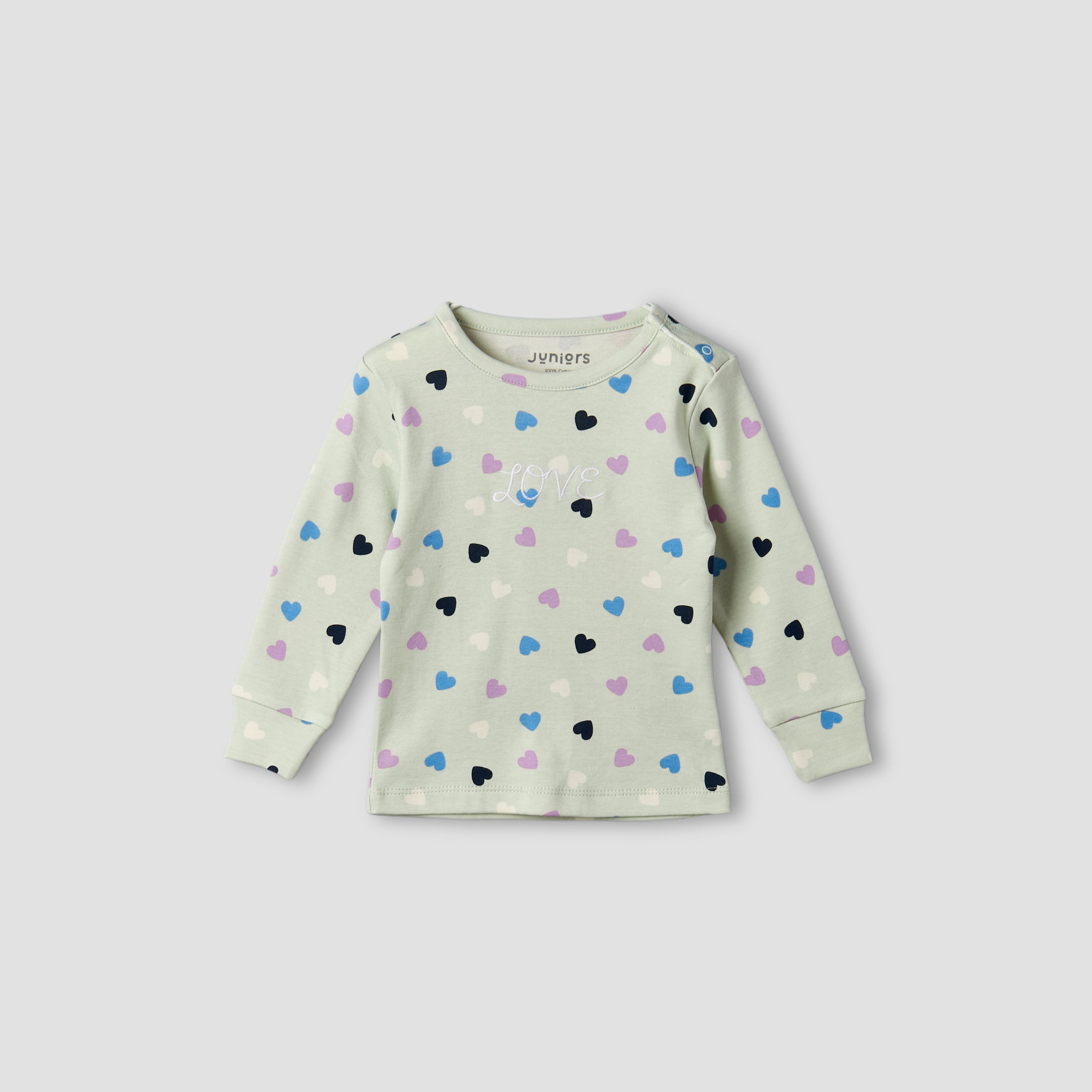 Juniors Cotton Round Neck Long Sleeves Pyjama Set with Heart Print