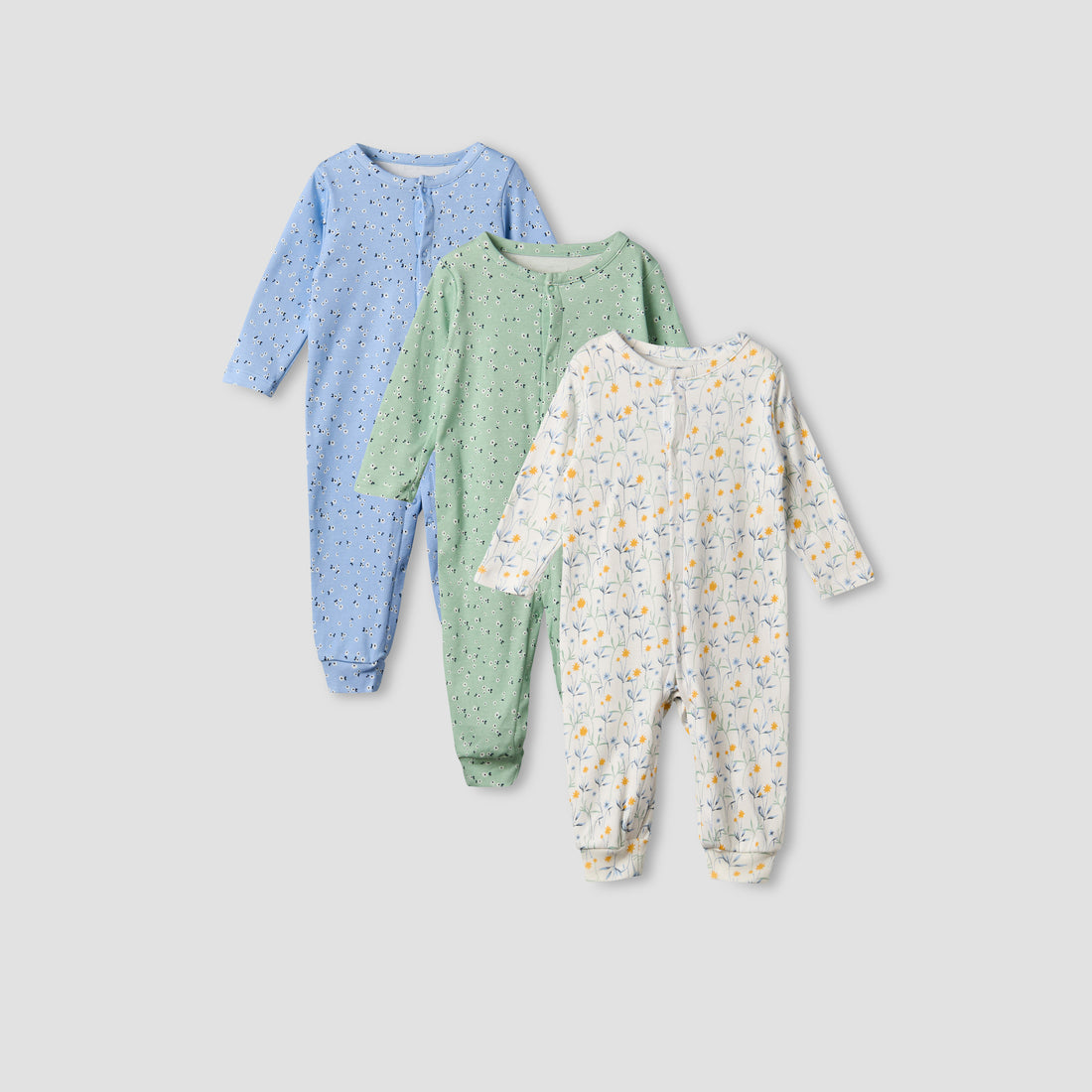 Pack of 3 Juniors Cotton Round Neck Long Sleeves Sleepsuit with Floral Print