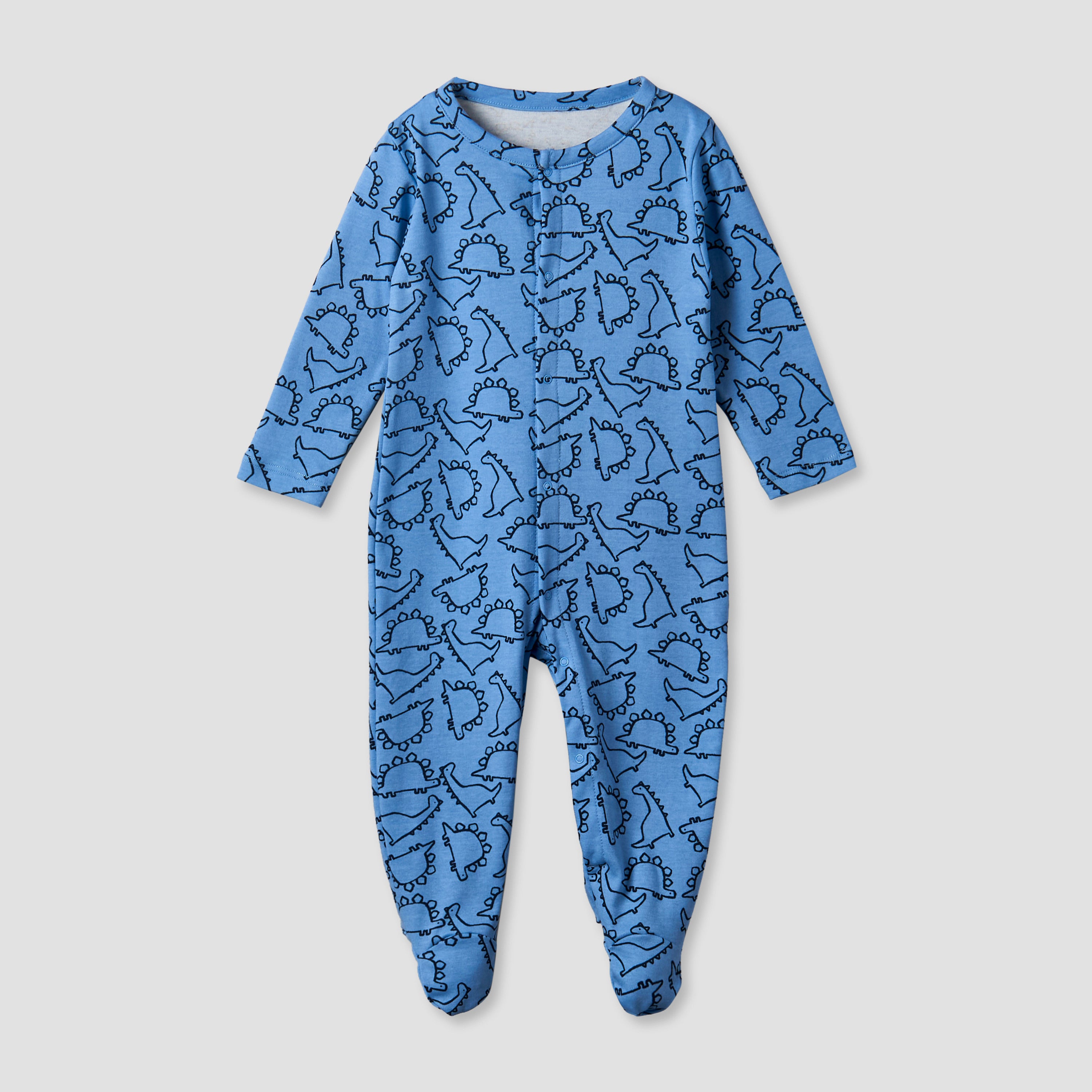 Pack of 3 Juniors Cotton Round Neck Long Sleeves Sleepsuit with Dinosaur Print