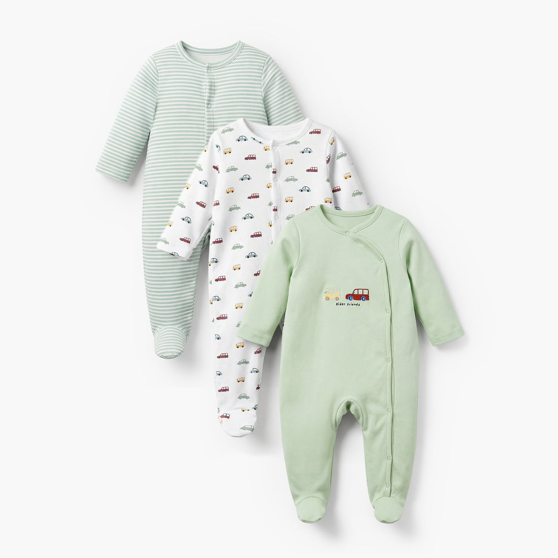 Pack of 3 Juniors Cotton Crew Neck Long Sleeves Sleepsuit with Car Print - Multicolour / 12-18 mths