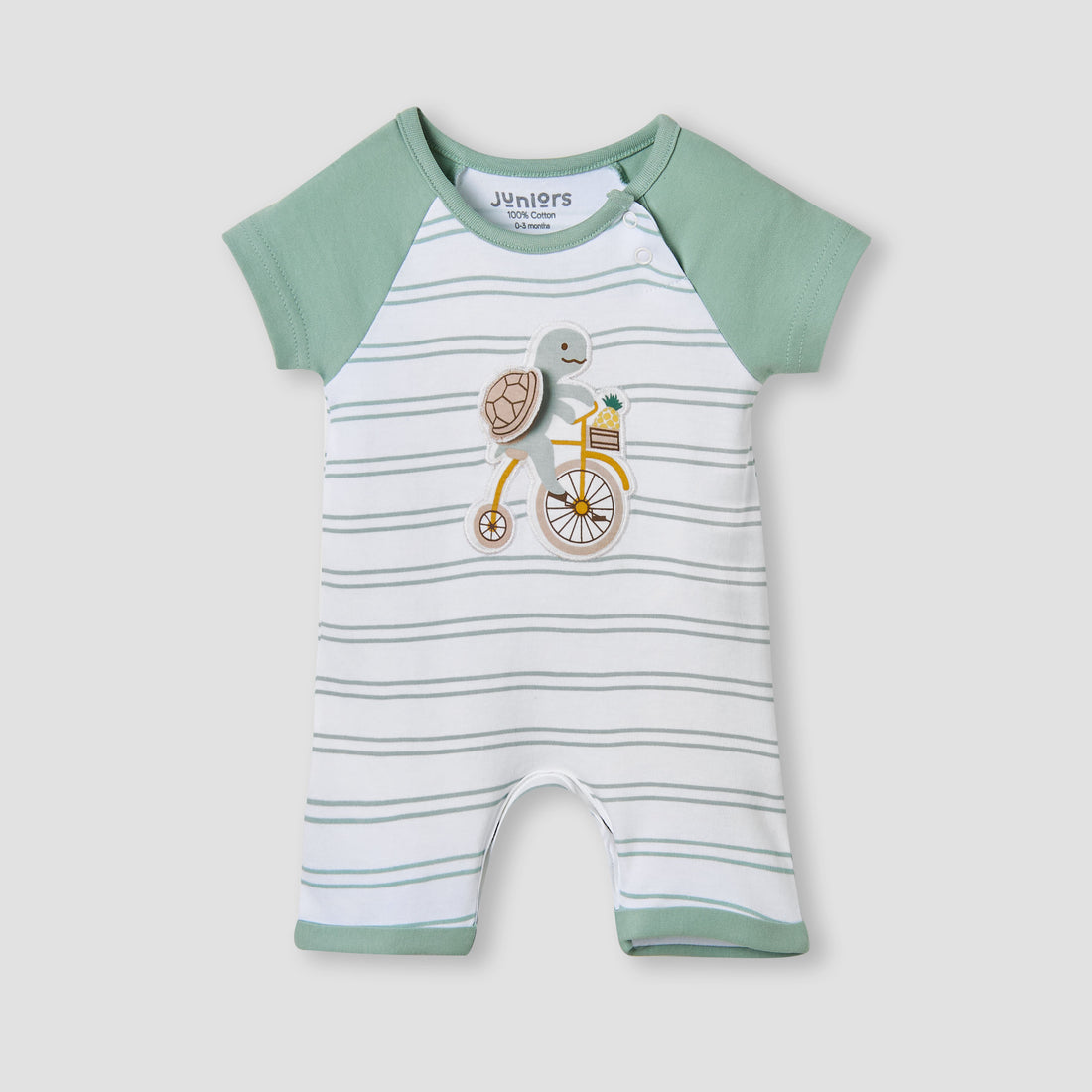 Juniors Turtle Applique Striped Romper with Raglan Sleeves