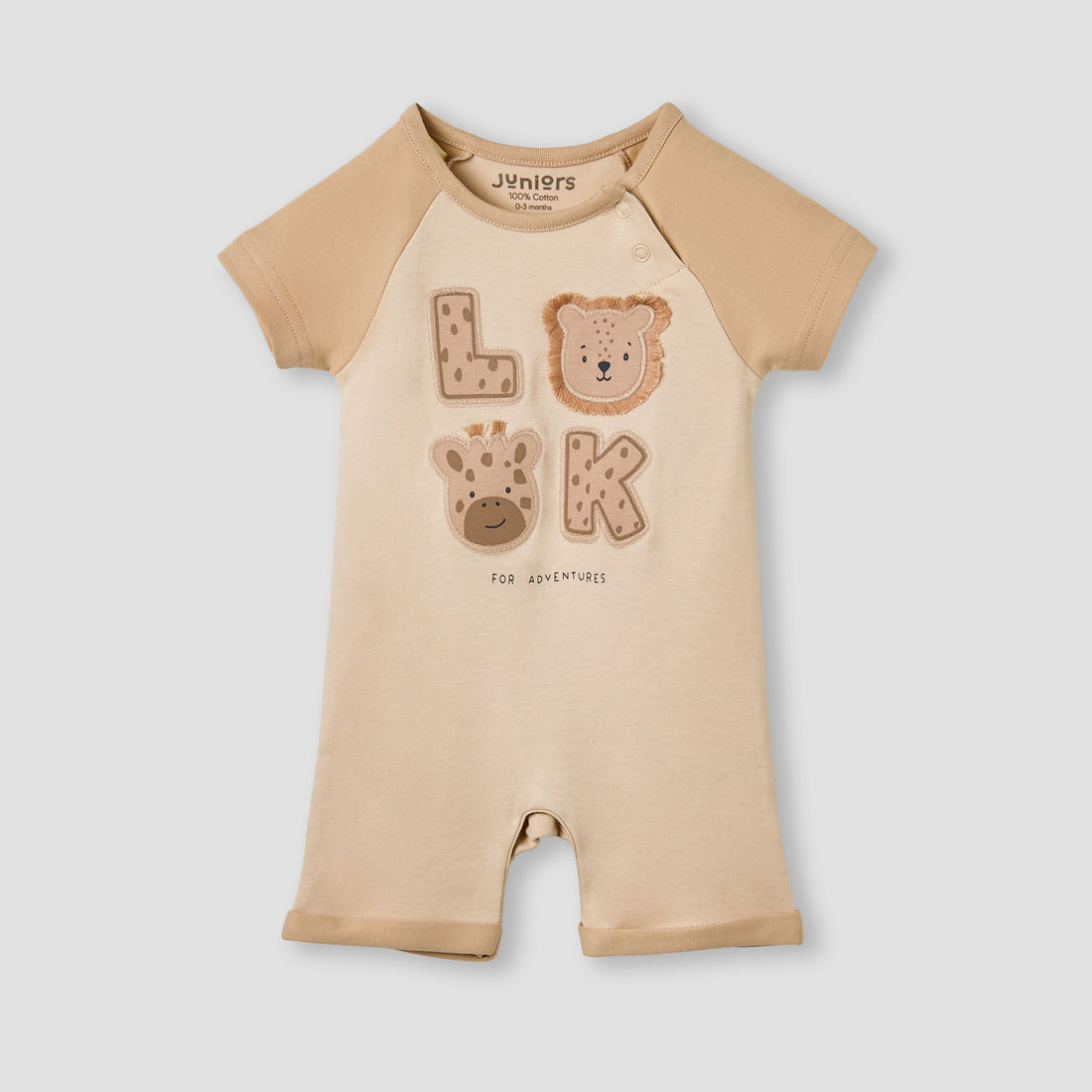 Juniors Animal Applique Romper with Raglan Sleeves - Brown / 12-18 mths