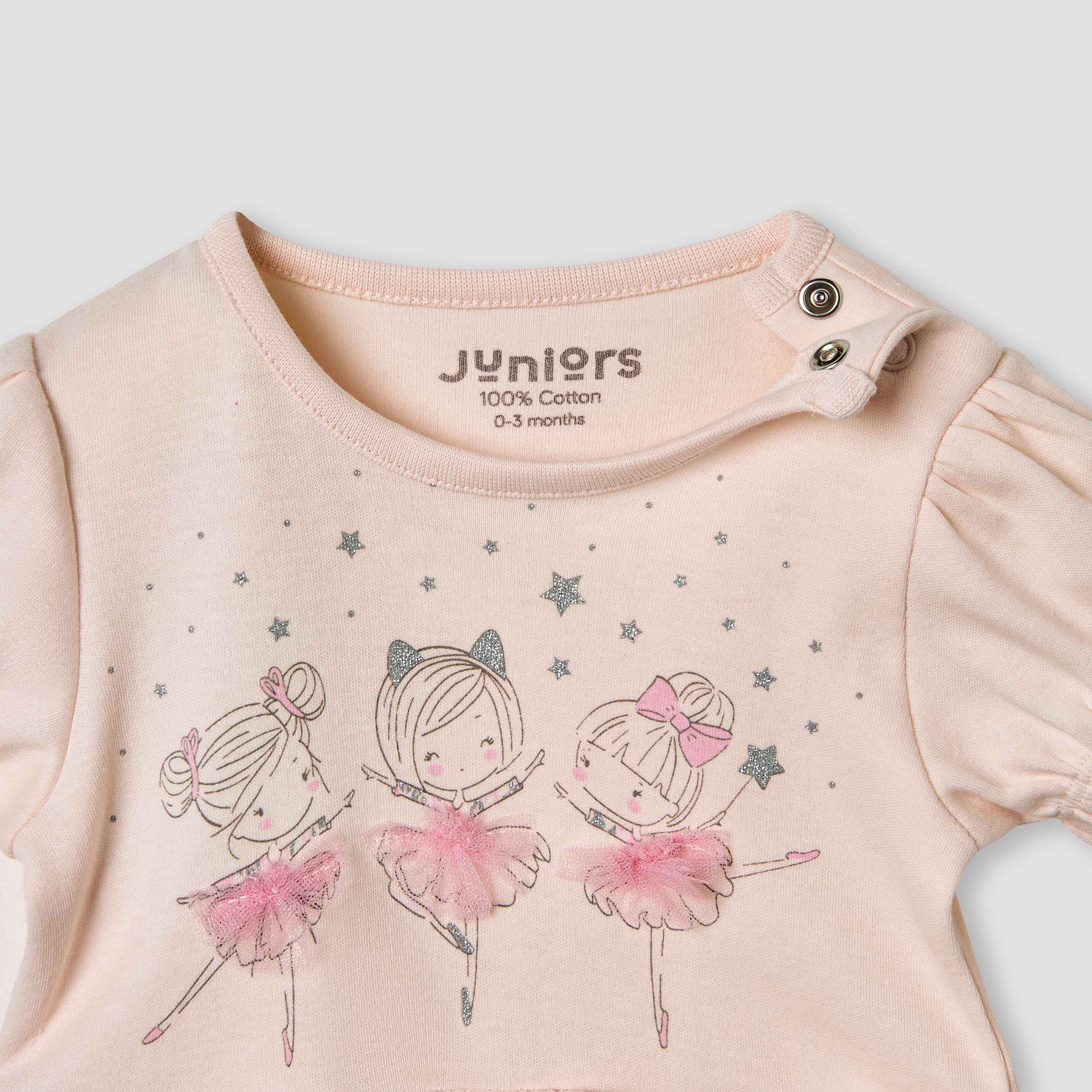 Juniors Ballerina Print Romper with Puff Sleeves