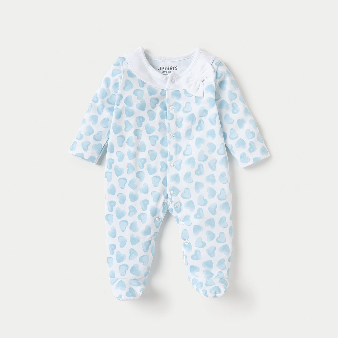 Juniors Heart Print Closed Feet Sleepsuit with Long Sleeves and Button Closure - Blue / 12-18 mths