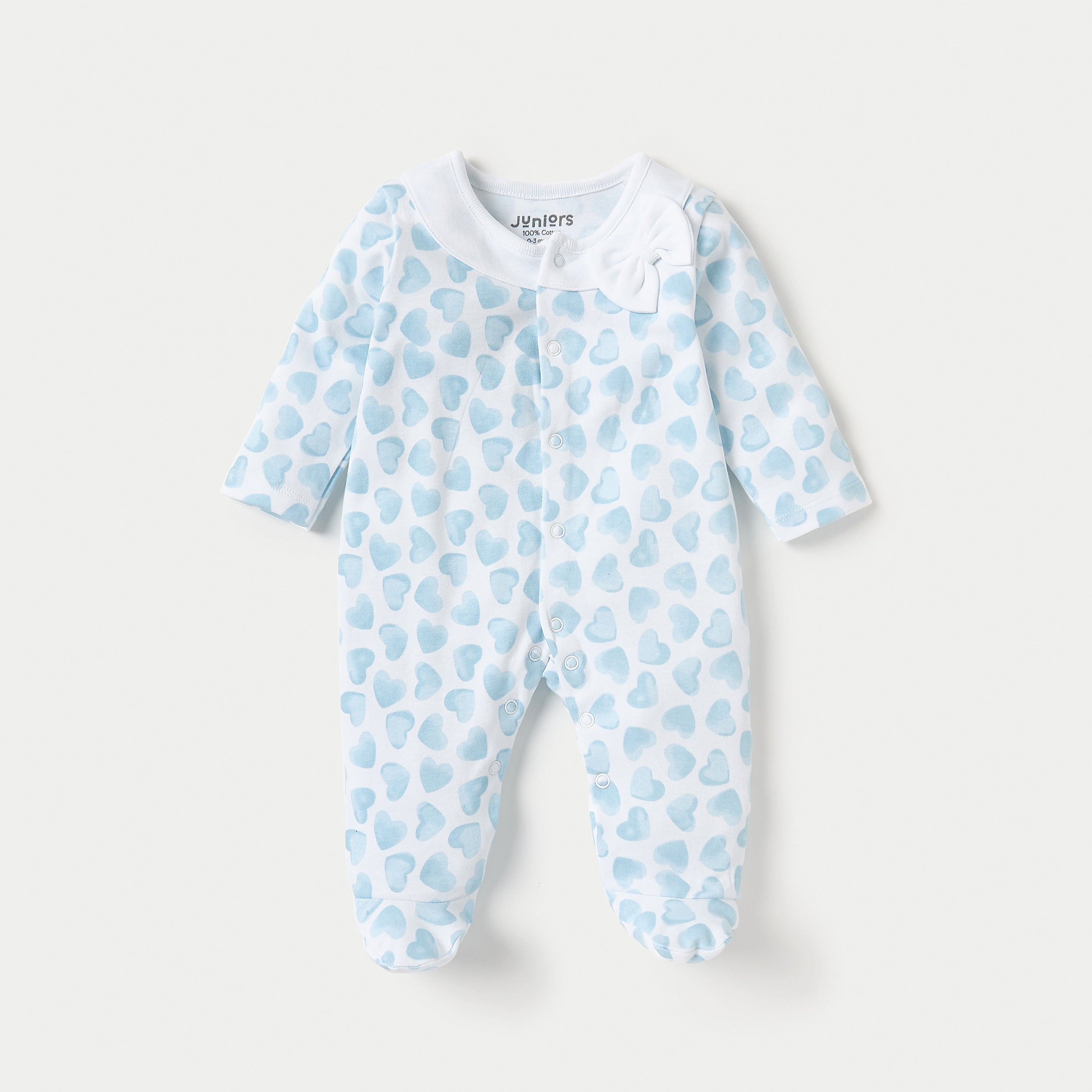 Juniors Heart Print Closed Feet Sleepsuit with Long Sleeves and Button Closure - Blue / 12-18 mths
