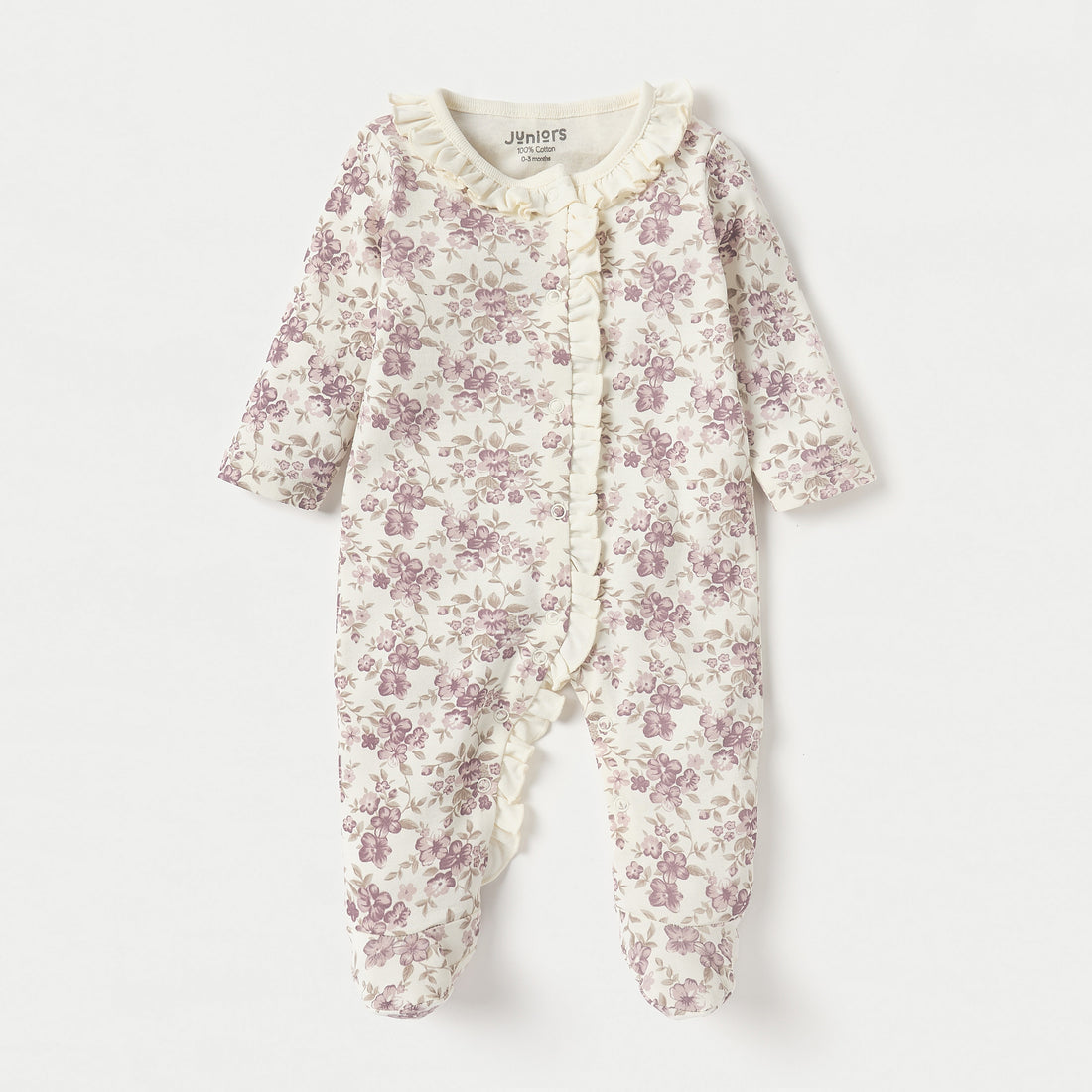 Juniors Floral Print Closed Feet Sleepsuit with Long Sleeves and Button Closure - Beige / 12-18 mths