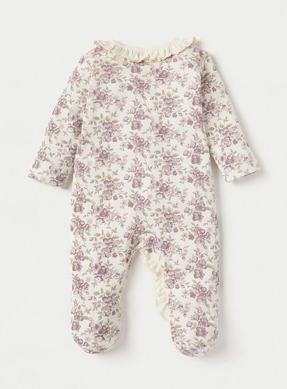 Juniors Floral Print Closed Feet Sleepsuit with Long Sleeves and Button Closure-baby-girls-clothing-nightwear-sleepsuits-image-2