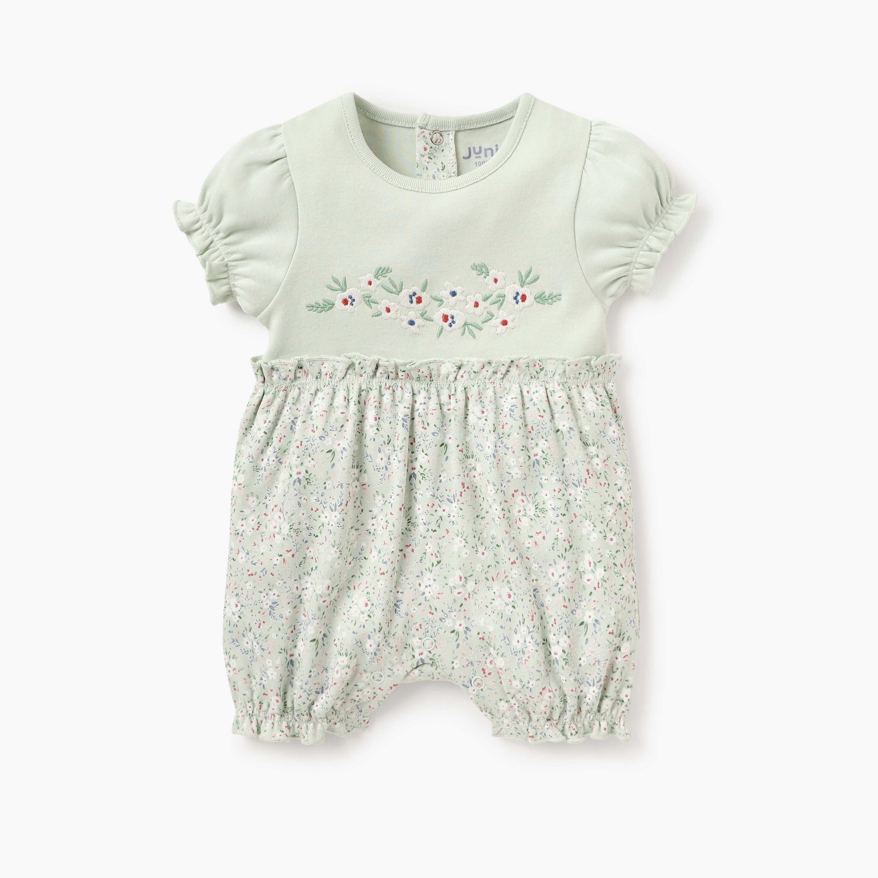 Juniors Floral Print Romper with Round Neck and Short Sleeves - Green / 12-18 mths