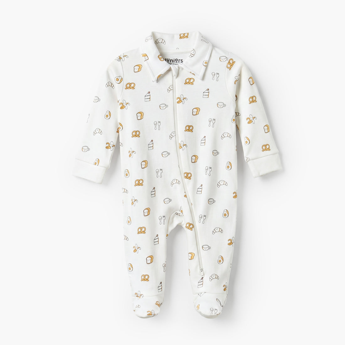 Juniors Cotton Collared Long Sleeves Sleepsuit with Breakfast Print - White / 9-12 mths
