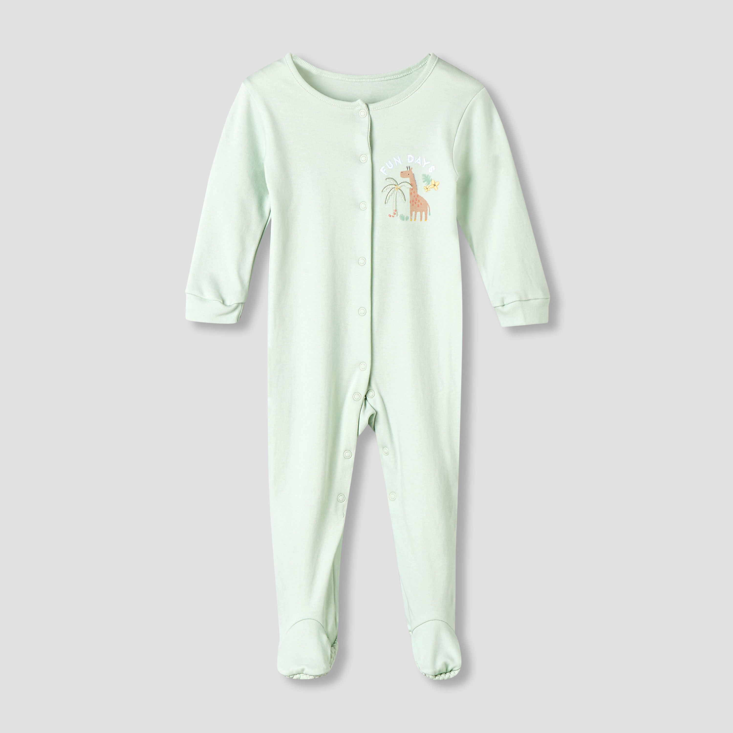 Pack of 3 Juniors Cotton Round Neck Long Sleeve Sleepsuit with Snap Button Closure