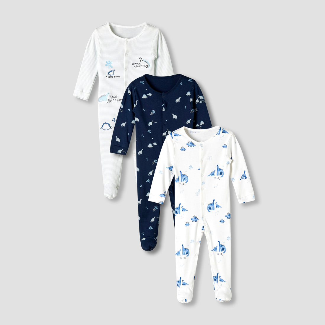 Pack of 3 Juniors Cotton Round Neck Long Sleeve Sleepsuit with Snap Button Closure - Blue / 12-18 mths