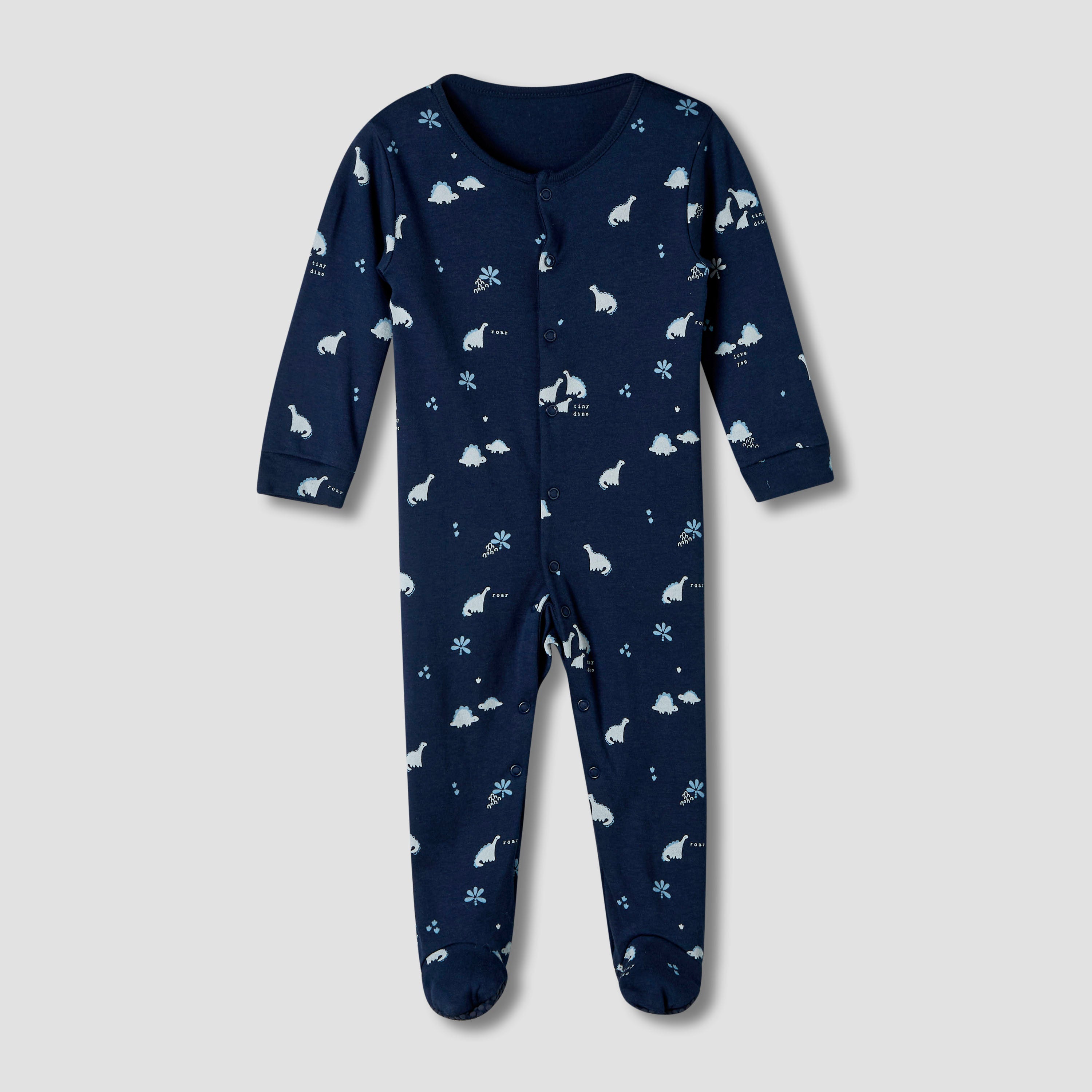 Pack of 3 Juniors Cotton Round Neck Long Sleeve Sleepsuit with Snap Button Closure