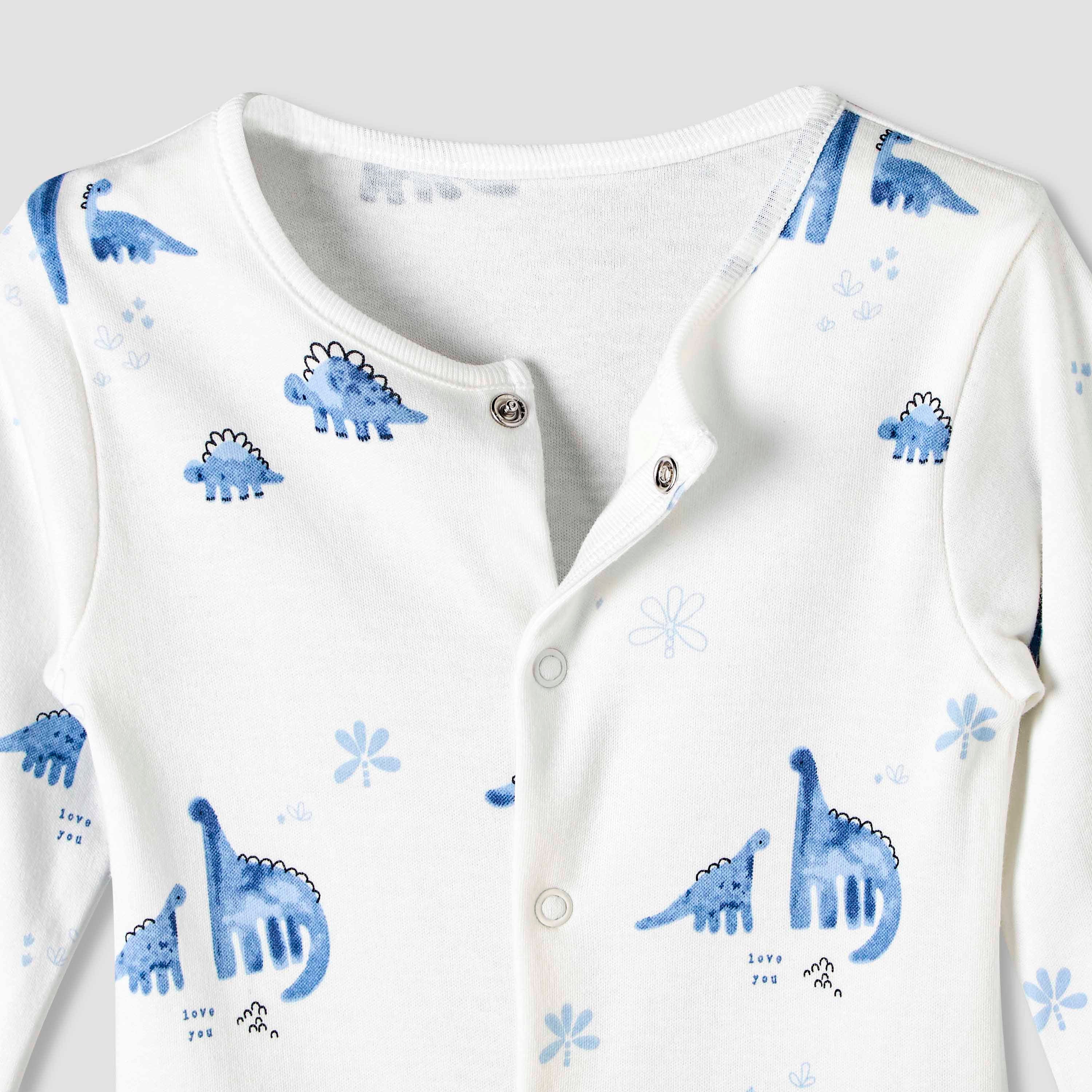 Pack of 3 Juniors Cotton Round Neck Long Sleeve Sleepsuit with Snap Button Closure