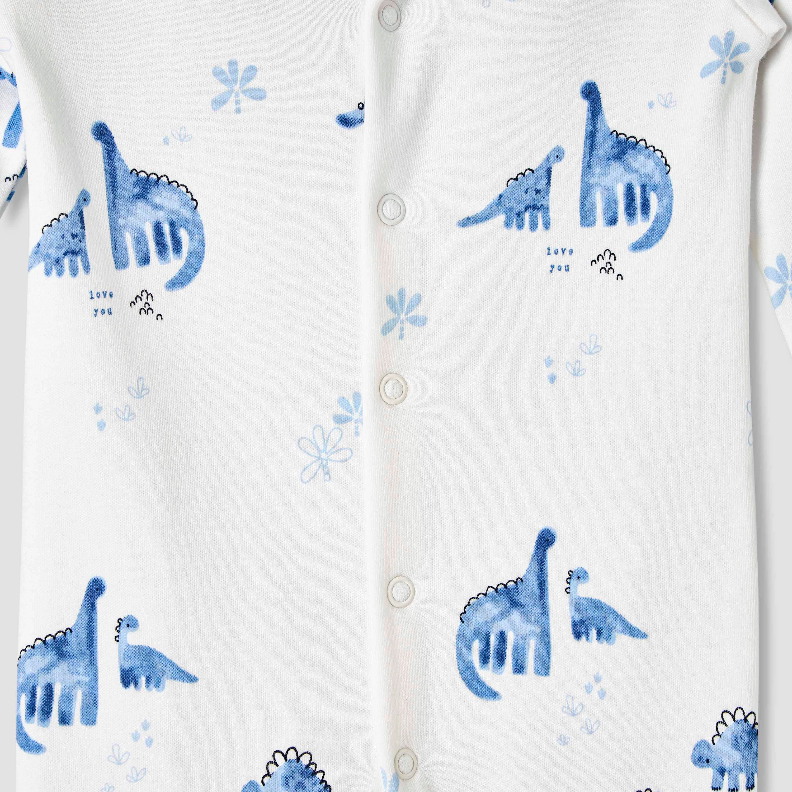 Pack of 3 Juniors Cotton Round Neck Long Sleeve Sleepsuit with Snap Button Closure
