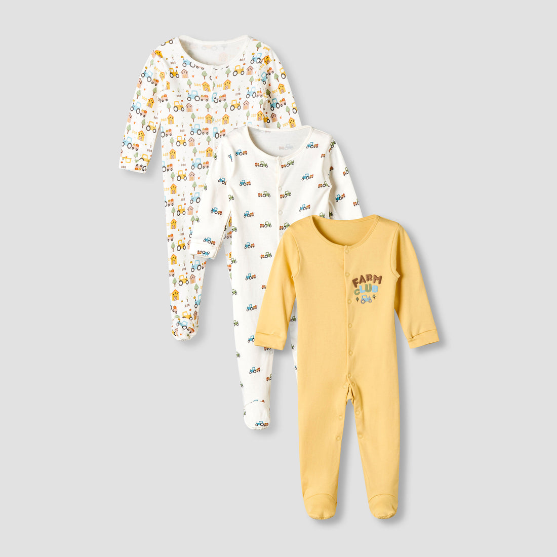 Pack of 3 Juniors Cotton Round Neck Long Sleeve Sleepsuit with Snap Button Closure - Yellow / 12-18 mths