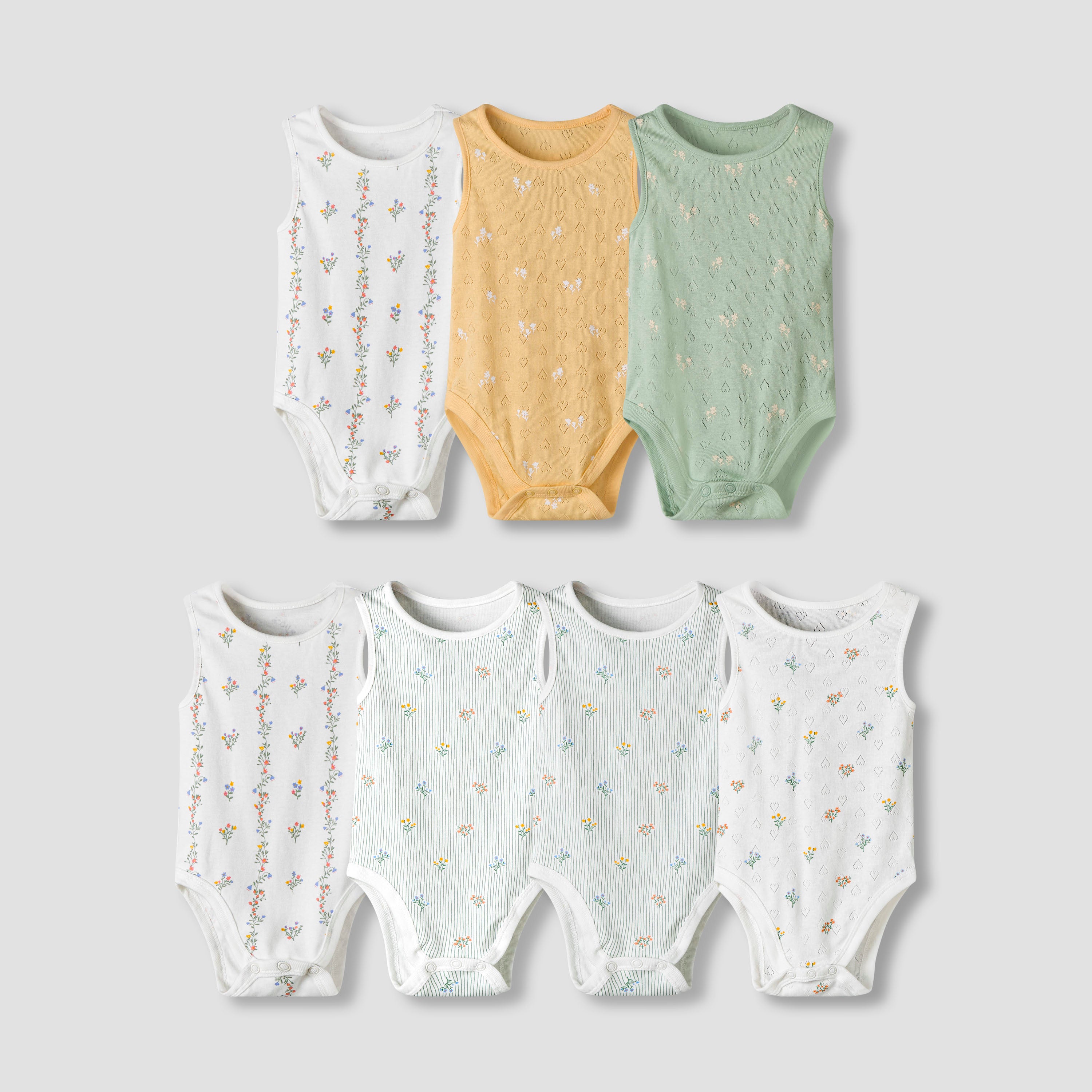 Pack of 7 Juniors Cotton Round Neck Sleeveless Bodysuit with Floral Print