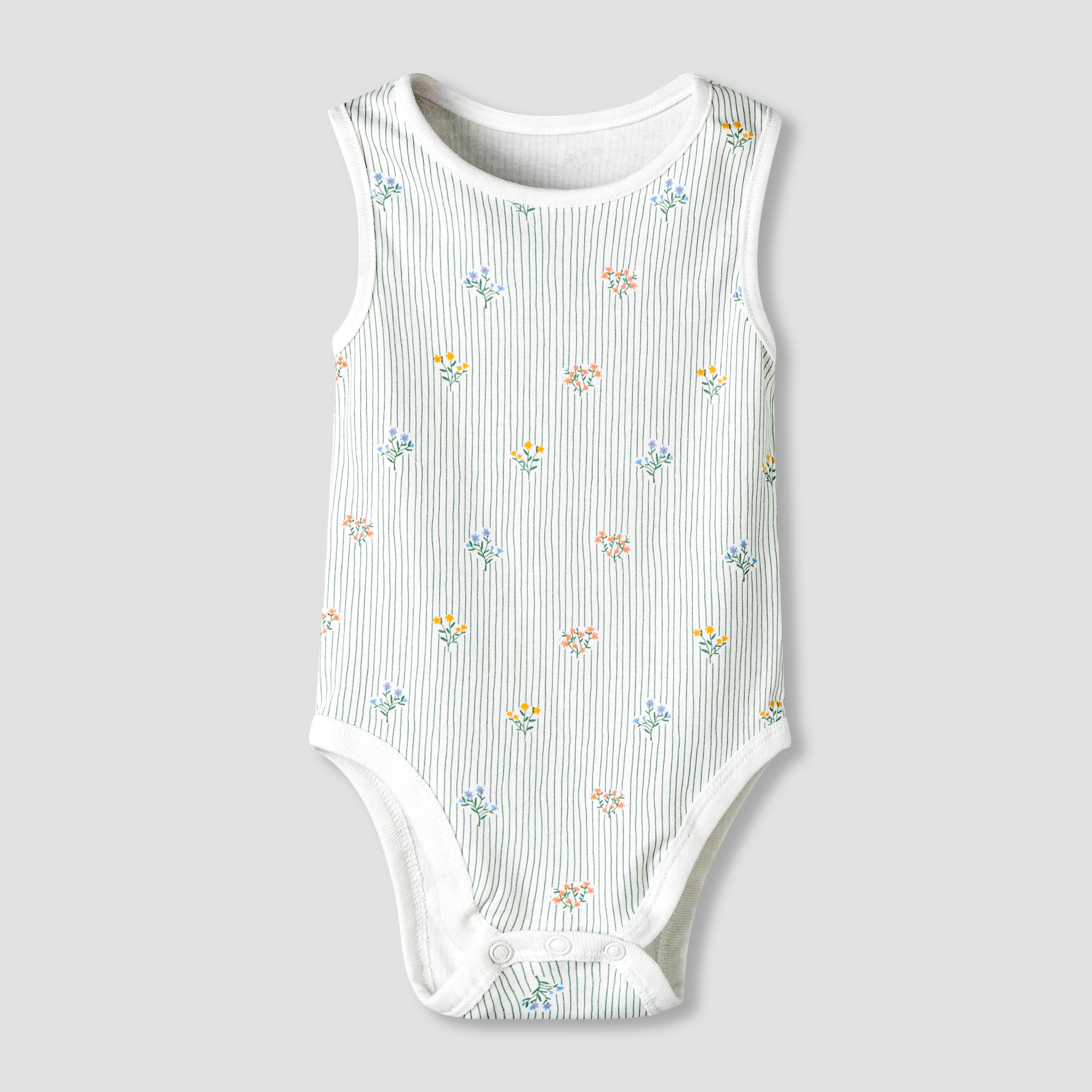 Pack of 7 Juniors Cotton Round Neck Sleeveless Bodysuit with Floral Print