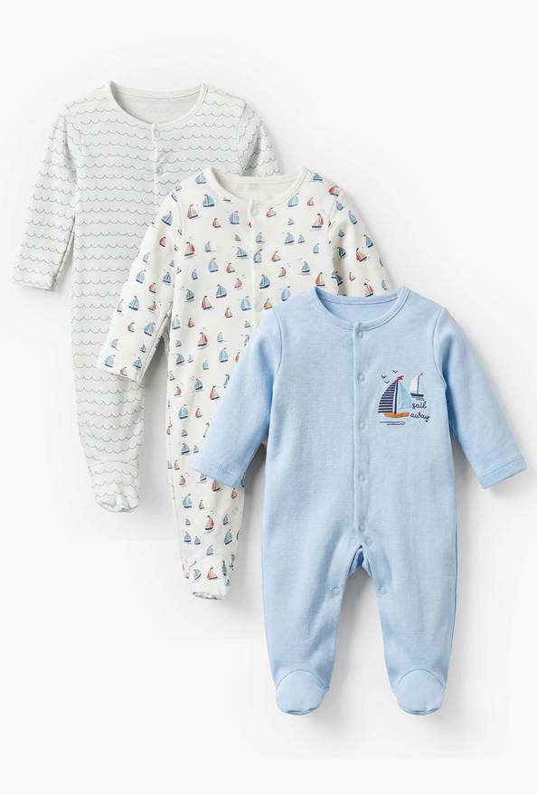 Pack of 3 Juniors Cotton Crew Neck Long Sleeves Sleepsuit with Nautical Print