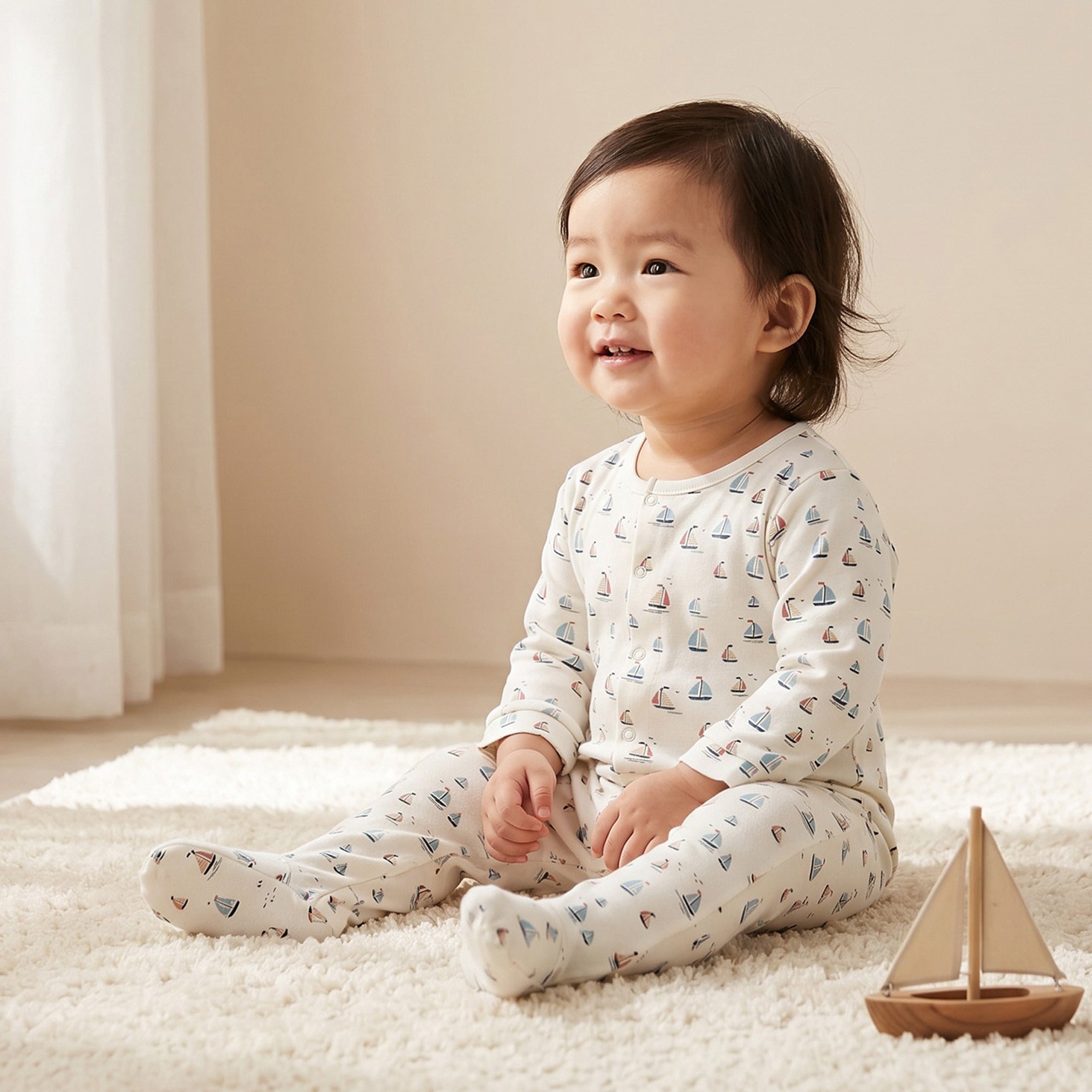 Pack of 3 Juniors Cotton Crew Neck Long Sleeves Sleepsuit with Nautical Print
