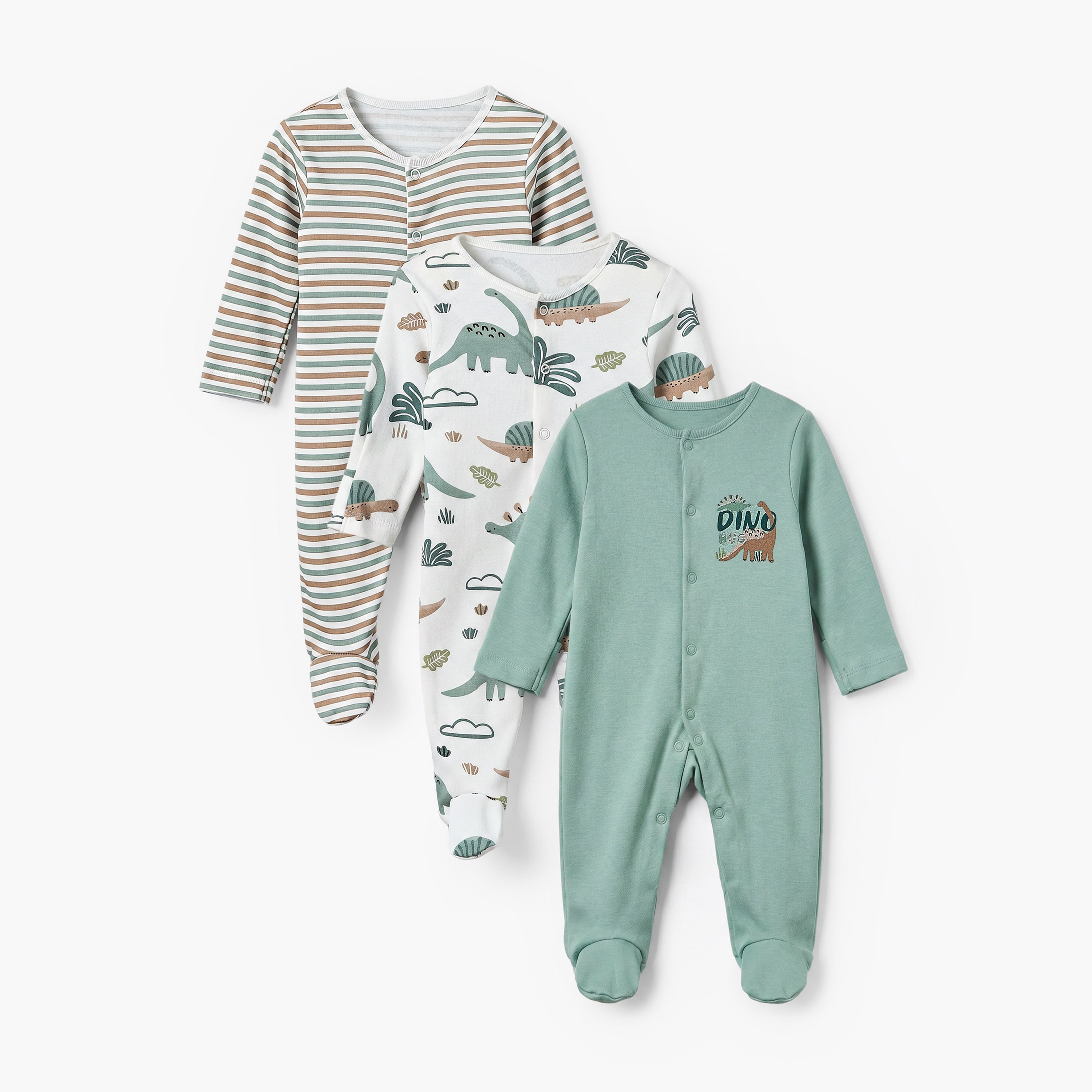 Pack of 3 Juniors Cotton Crew Neck Long Sleeves Sleepsuit with Dinosaur Print - Green / 12-18 mths