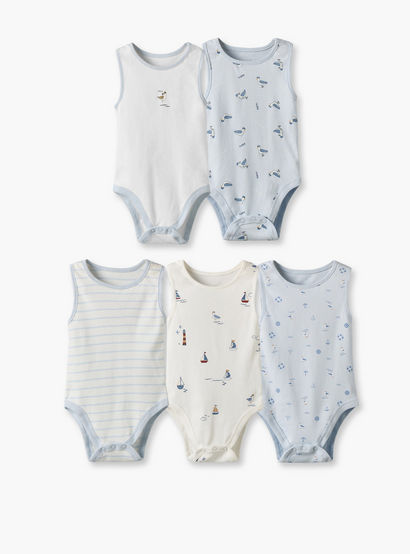 Pack of 5 Juniors Crew Neck Sleeveless Bodysuit with Assorted Print-baby-boys-clothing-bodysuits-image-1
