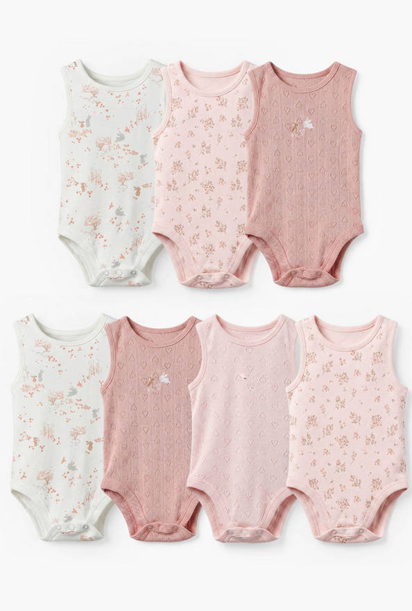 Pack of 7 Juniors Cotton Crew Neck Sleeveless Bodysuit with Assorted Design