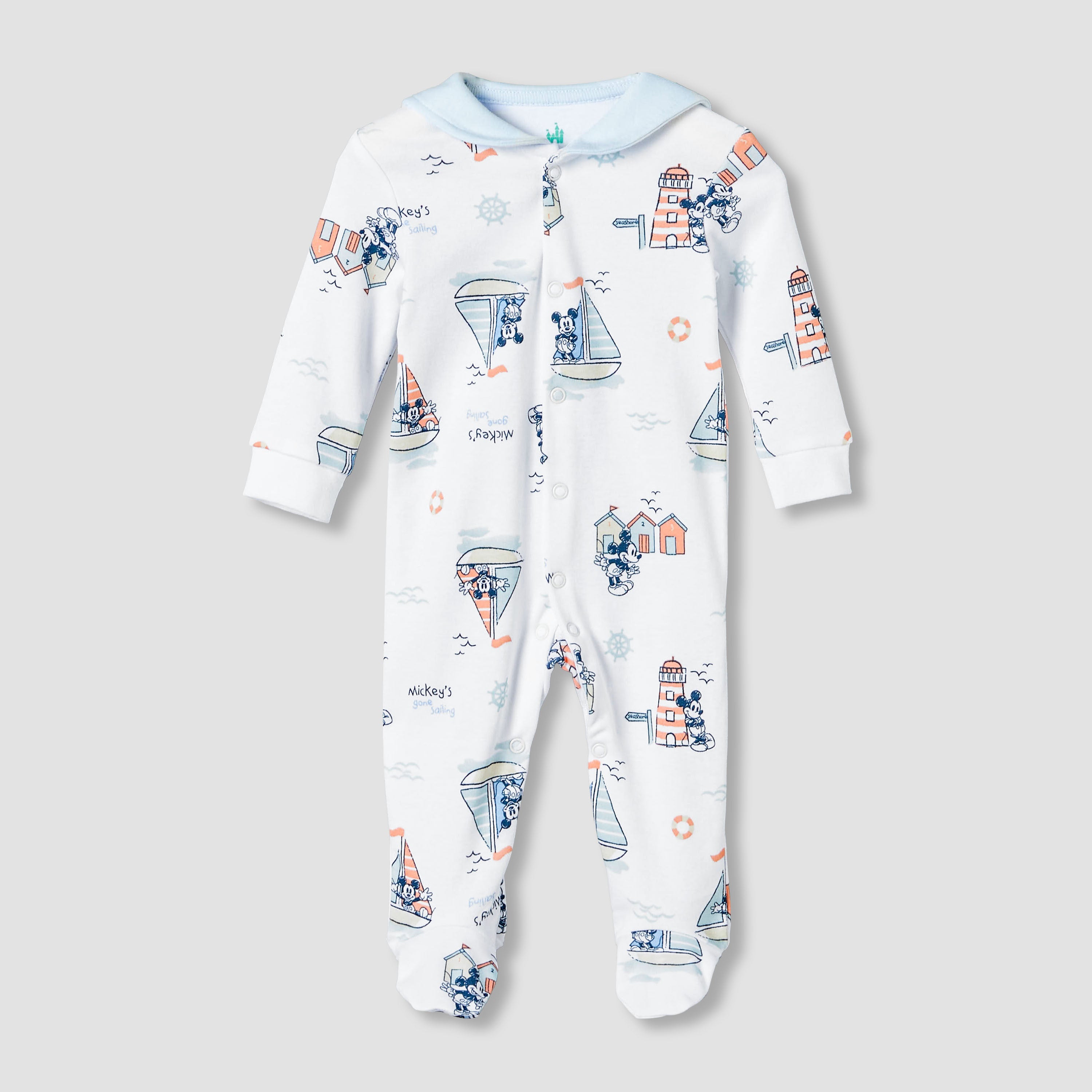 Disney Cotton Sailor Neck Long Sleeves Sleepsuit with Mickey Mouse Print - White / 9-12 mths