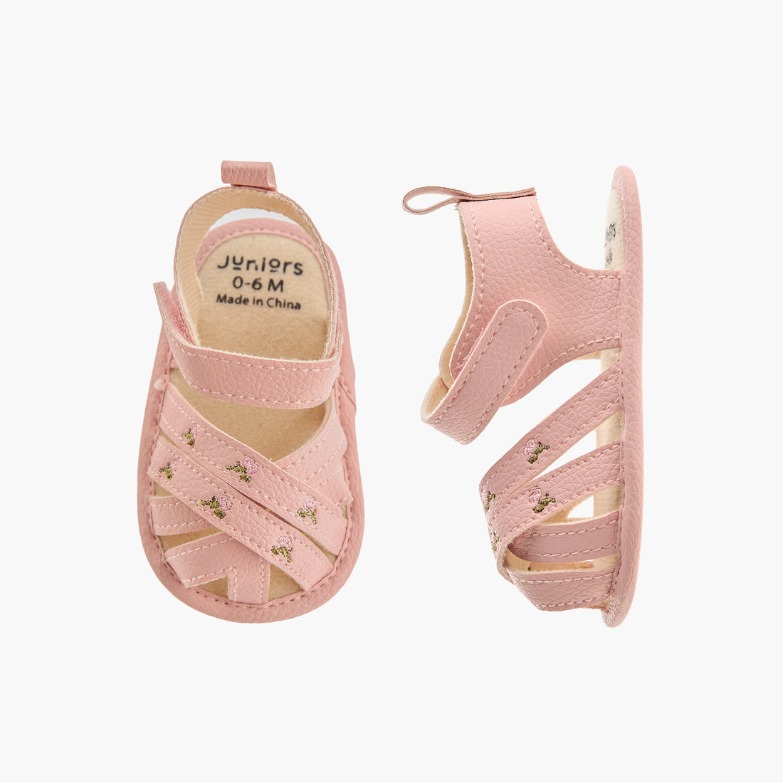 Juniors Sandals with Hook and Loop Closure, Floral Embroidered - Pink / 12-18 mths