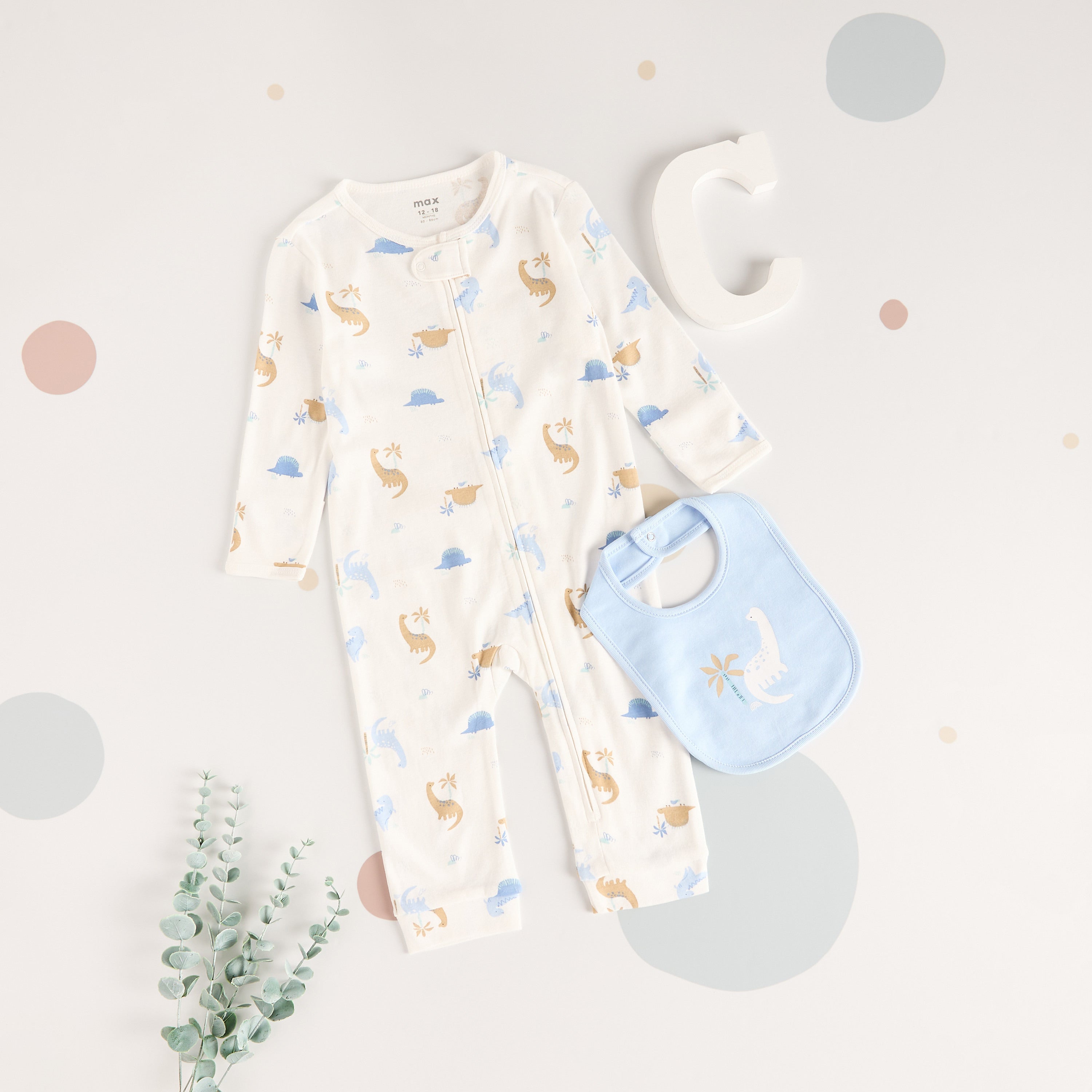 All-Over Dinosaur Print Sleepsuit with Bib - Cream
