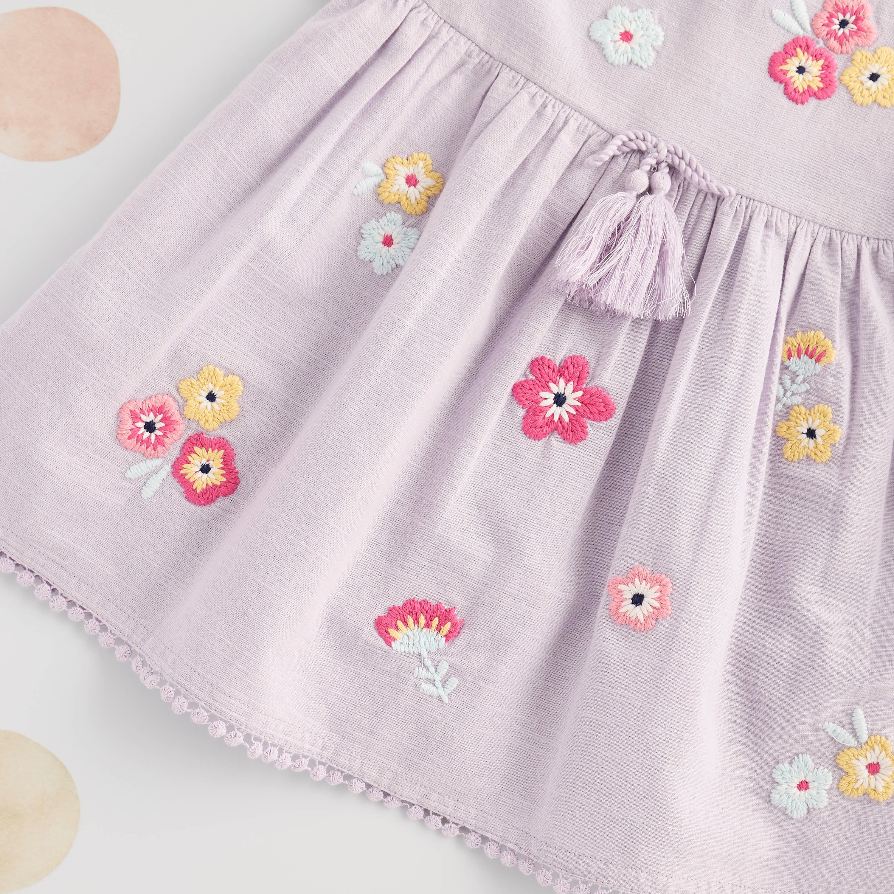 Floral Embroidered Cotton Dress with Pom-Pom