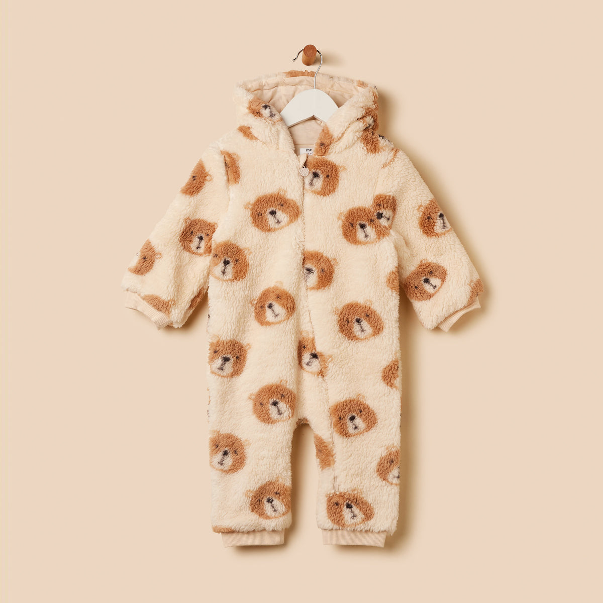 Bear Print Hooded Faux Fur Sleepsuit