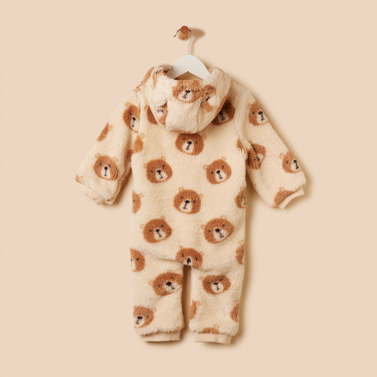 Bear Print Hooded Faux Fur Sleepsuit