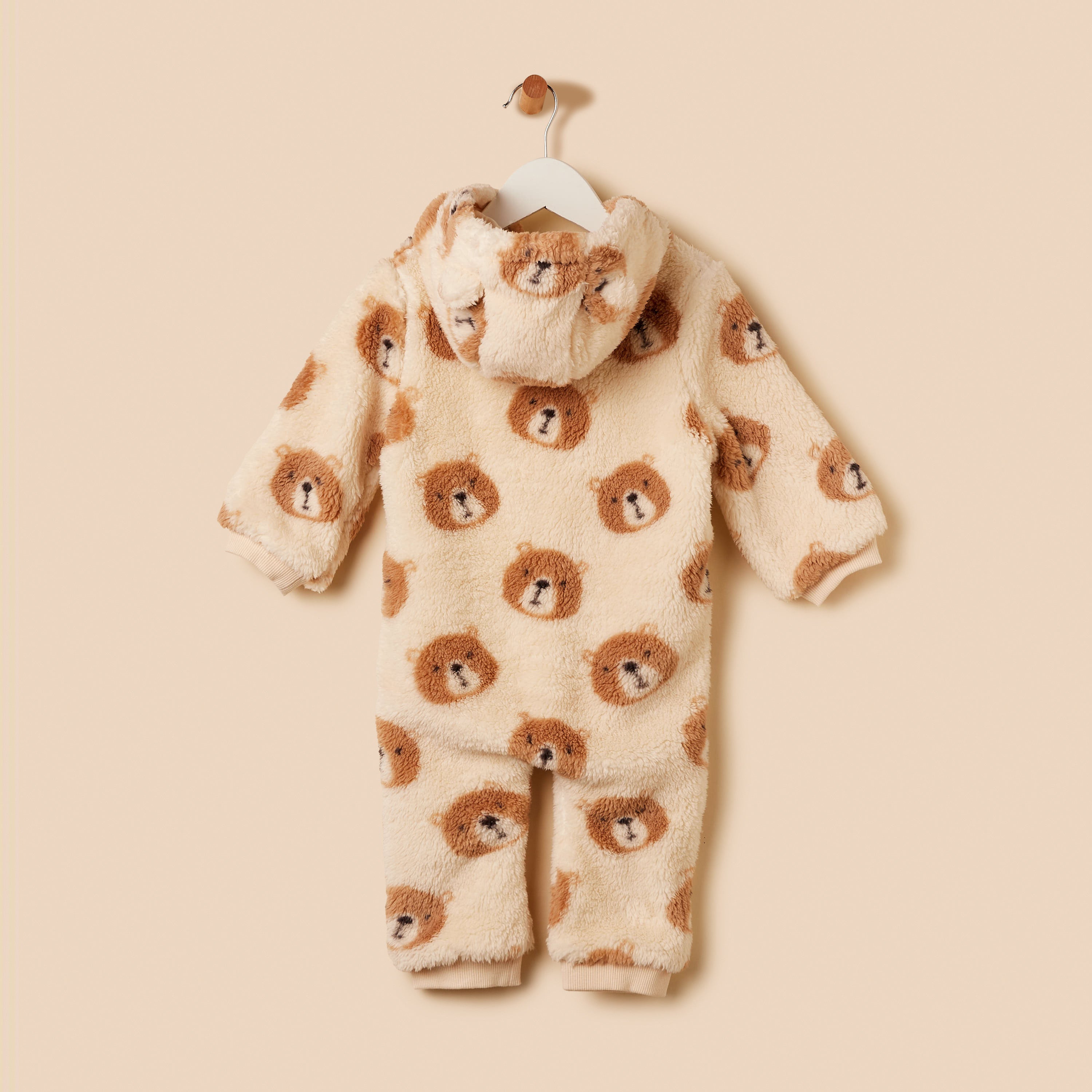 Bear Print Hooded Faux Fur Sleepsuit