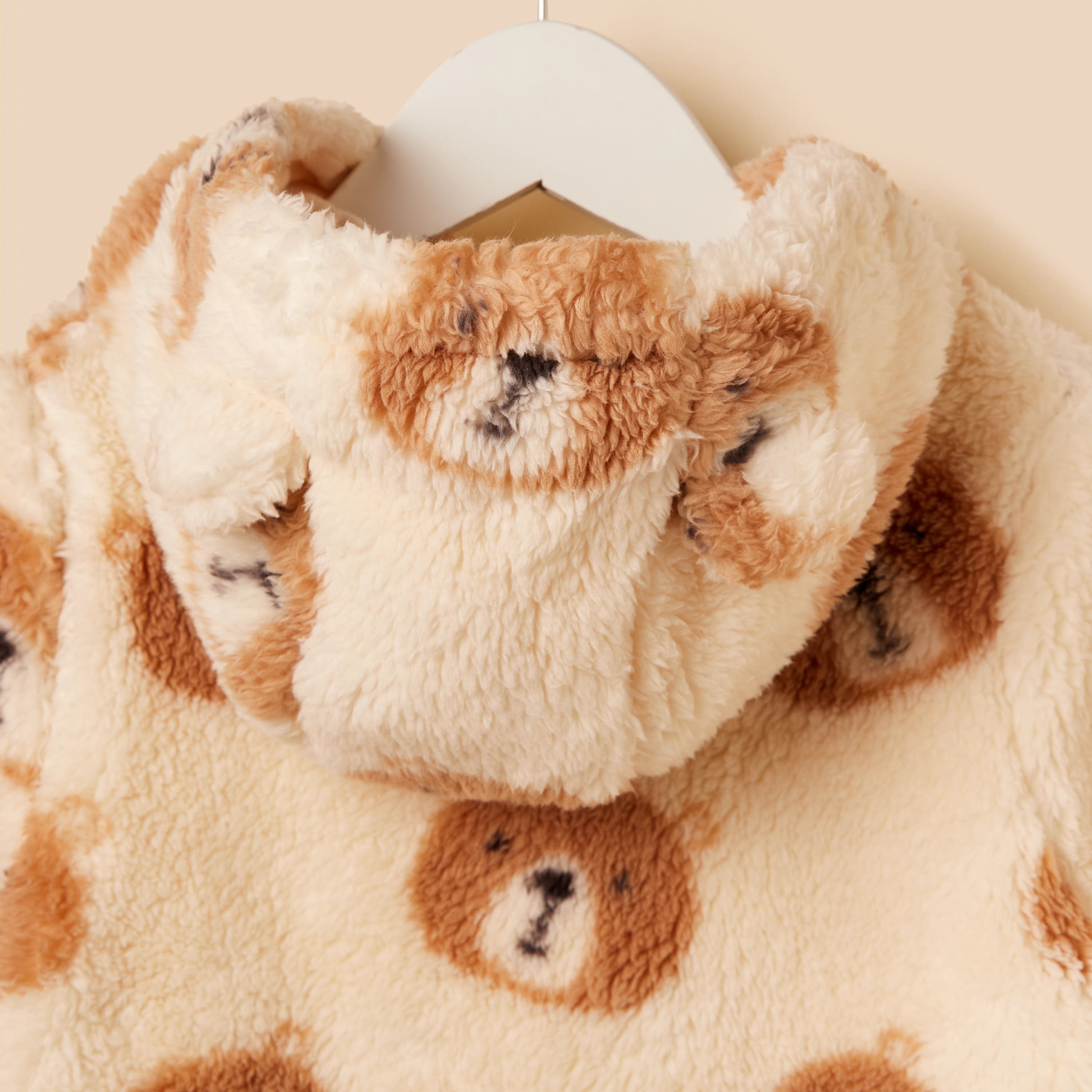 Bear Print Hooded Faux Fur Sleepsuit
