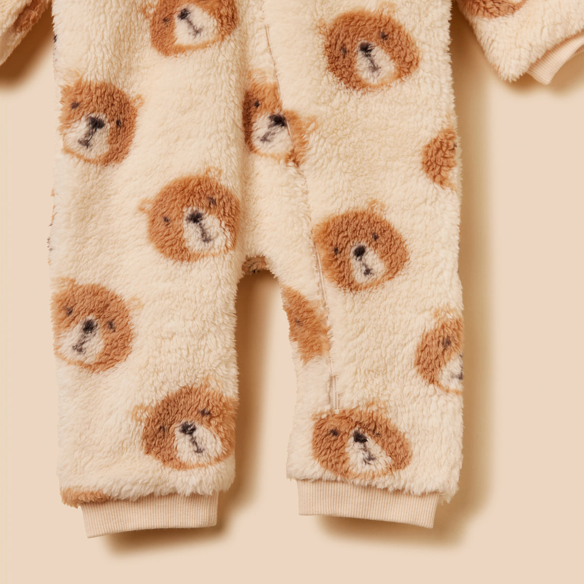 Bear Print Hooded Faux Fur Sleepsuit