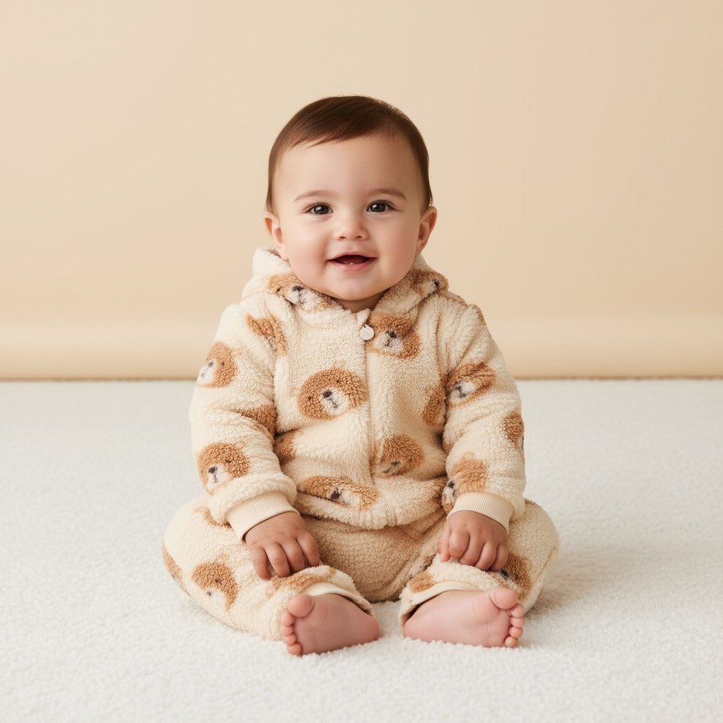 Bear Print Hooded Faux Fur Sleepsuit