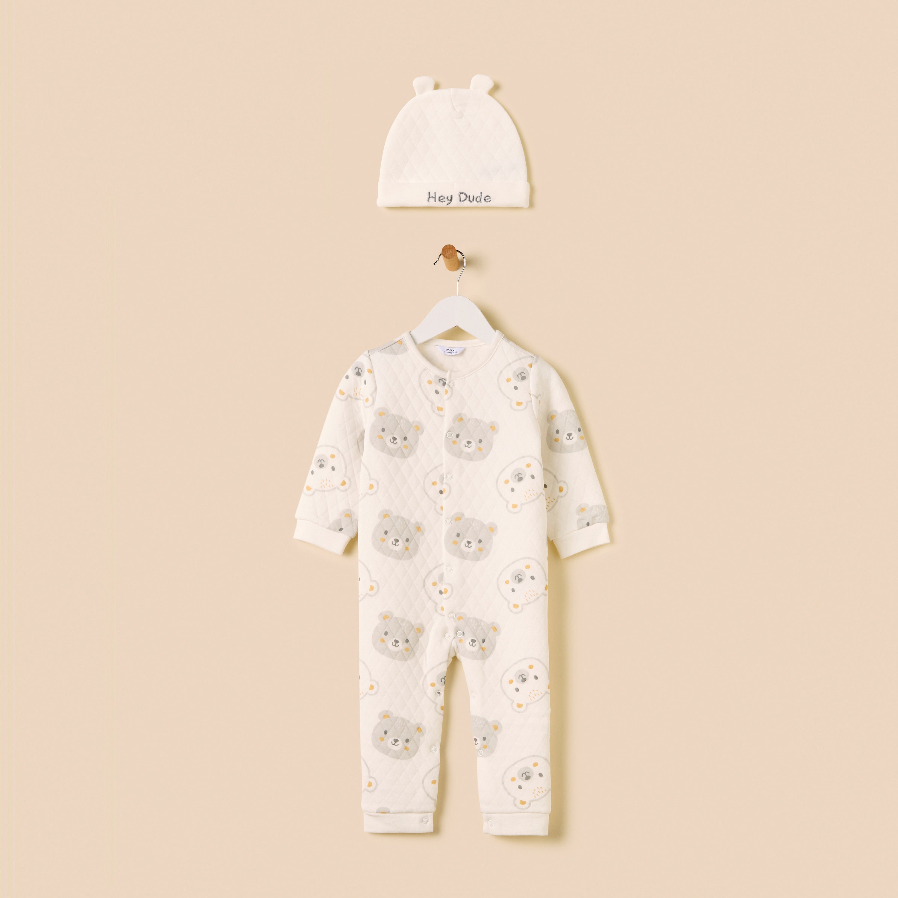 Bear Textured Velour Sleepsuit with Beanie Cap
