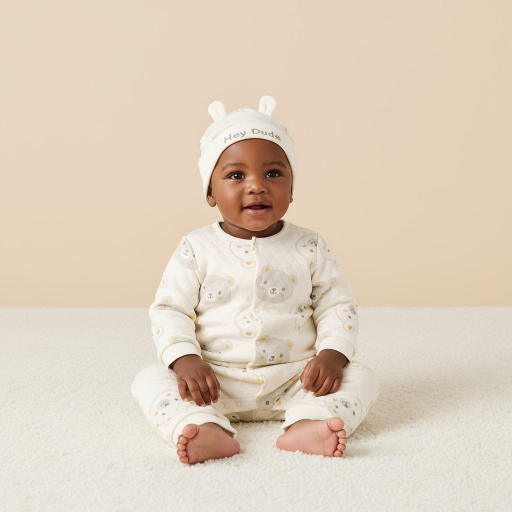 Bear Textured Velour Sleepsuit with Beanie Cap - Cream / 12-18 mths