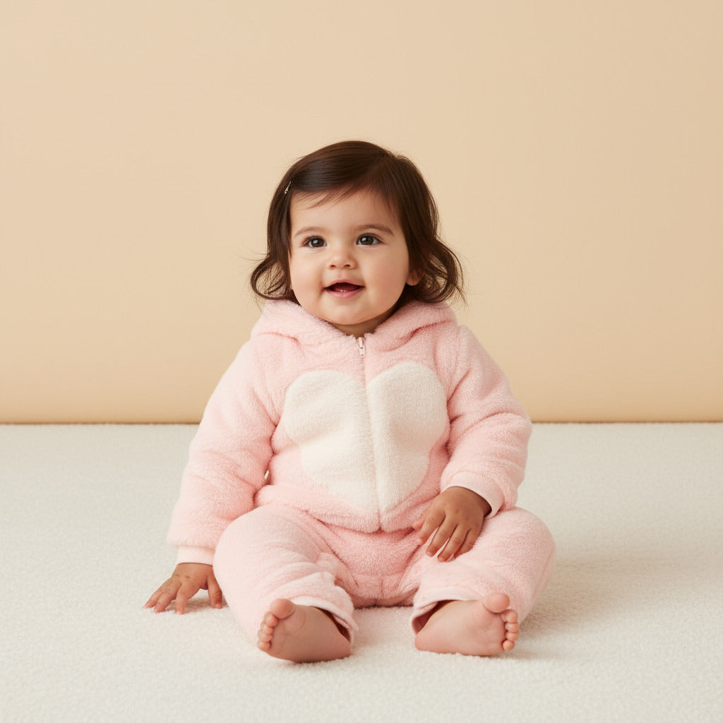 Textured Heart Accent Hooded Pramsuit