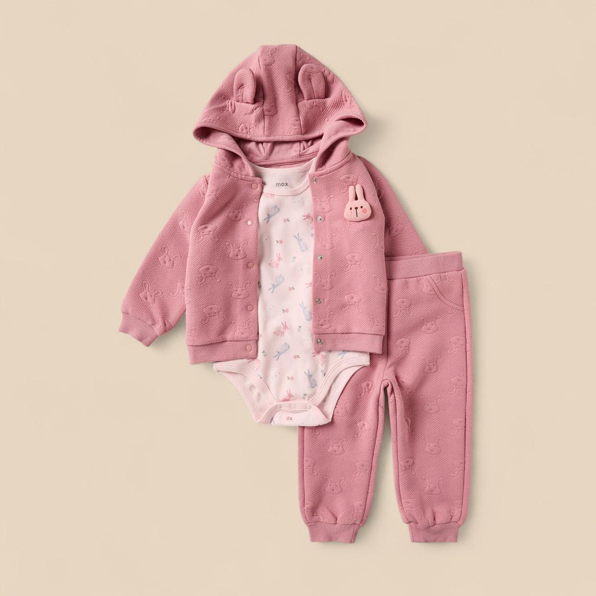 Bunny Embossed Hoodie with Bodysuit and Joggers