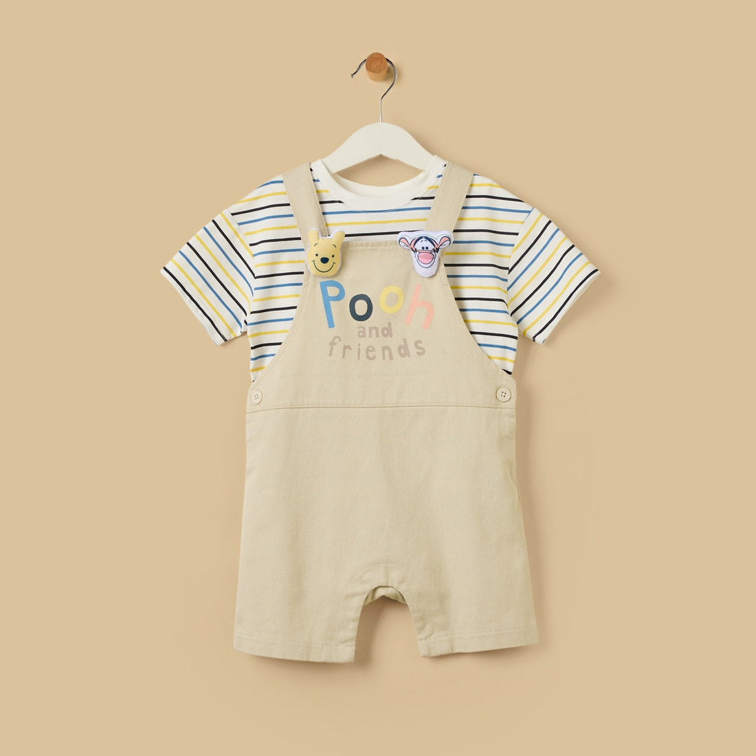 Winnie the Pooh Print Dungaree and Striped T-shirt Set