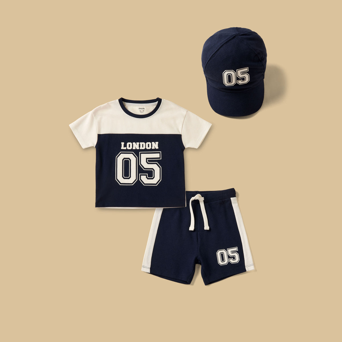 Varsity Print Pique Cotton T-shirt with Shorts and Cap