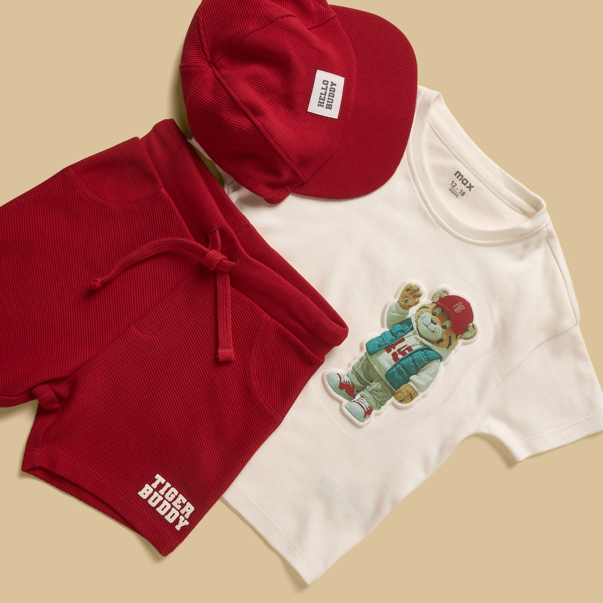 Tiger Embossed Cotton T-shirt with Shorts and Cap