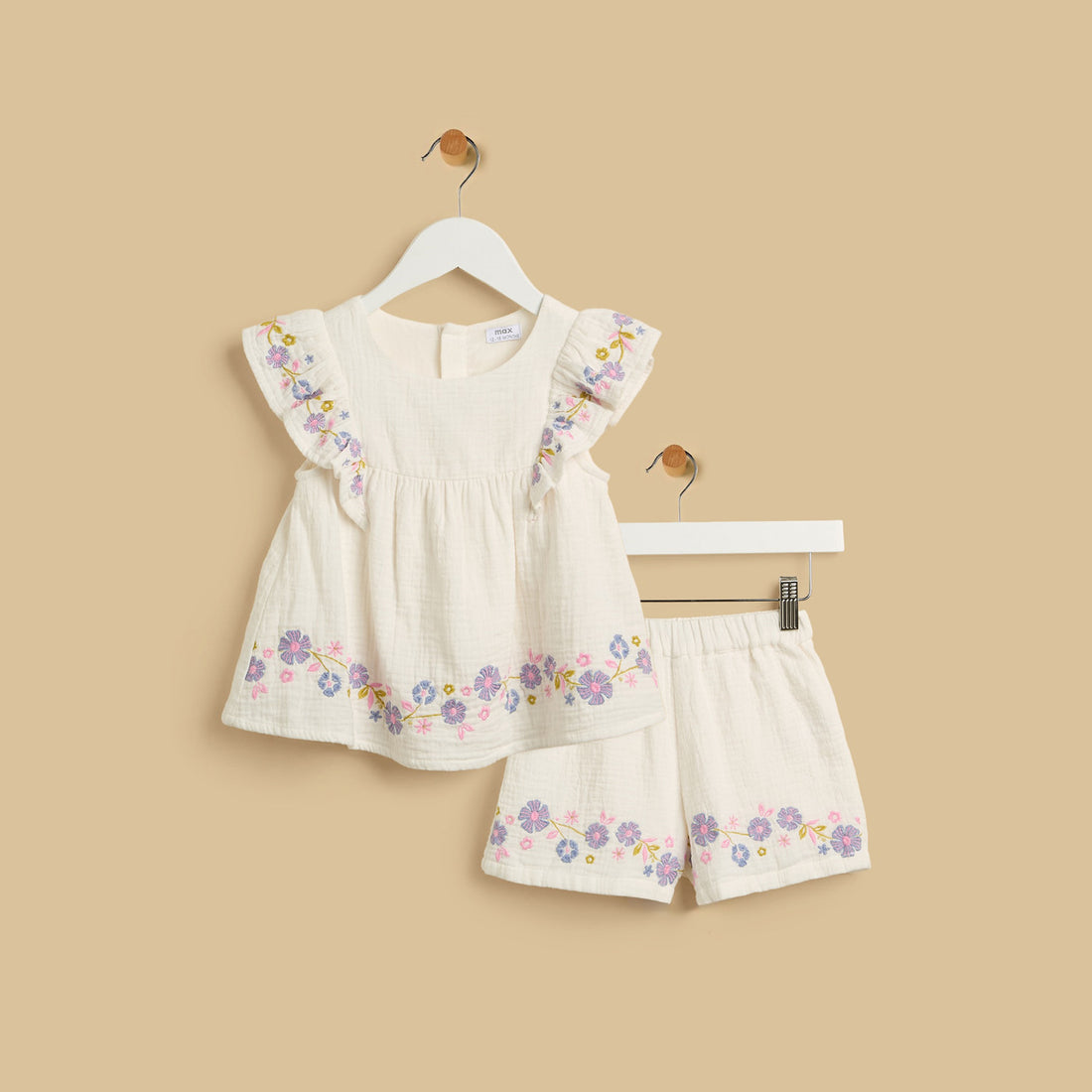 Floral Embroidered Top and Shorts Set - Cream / 12-18 mths