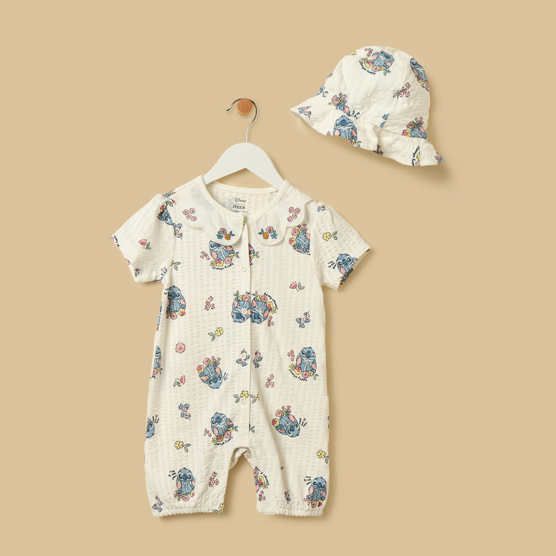 Stitch Print Cotton Romper with Cap