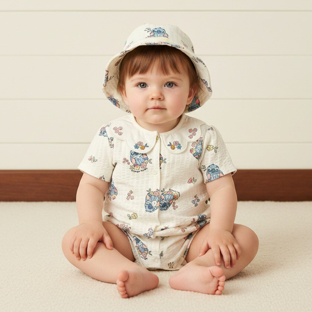 Stitch Print Cotton Romper with Cap